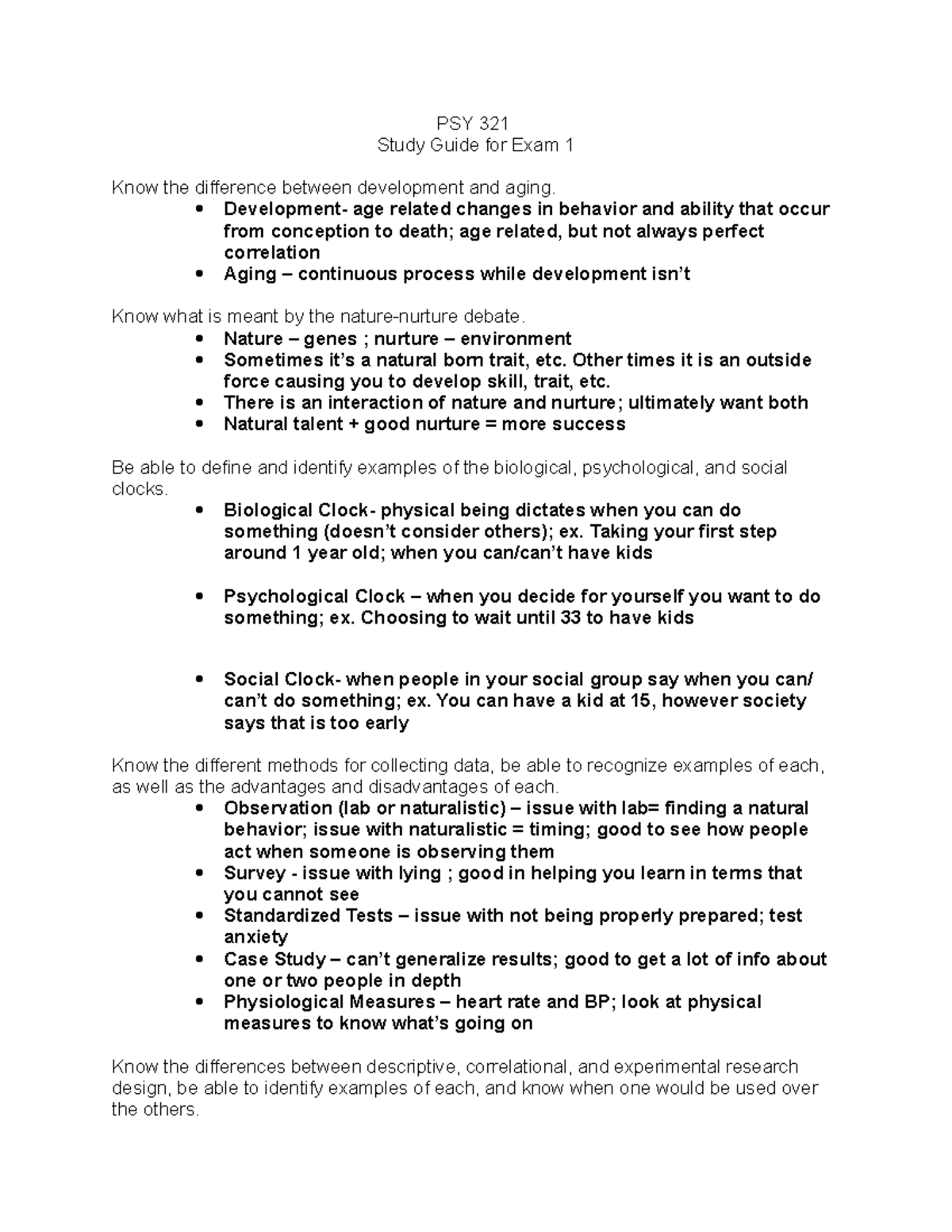 PSY 321 EX 1 SG - Study Guide For Exam 1 Of Lifespan Development Dr ...