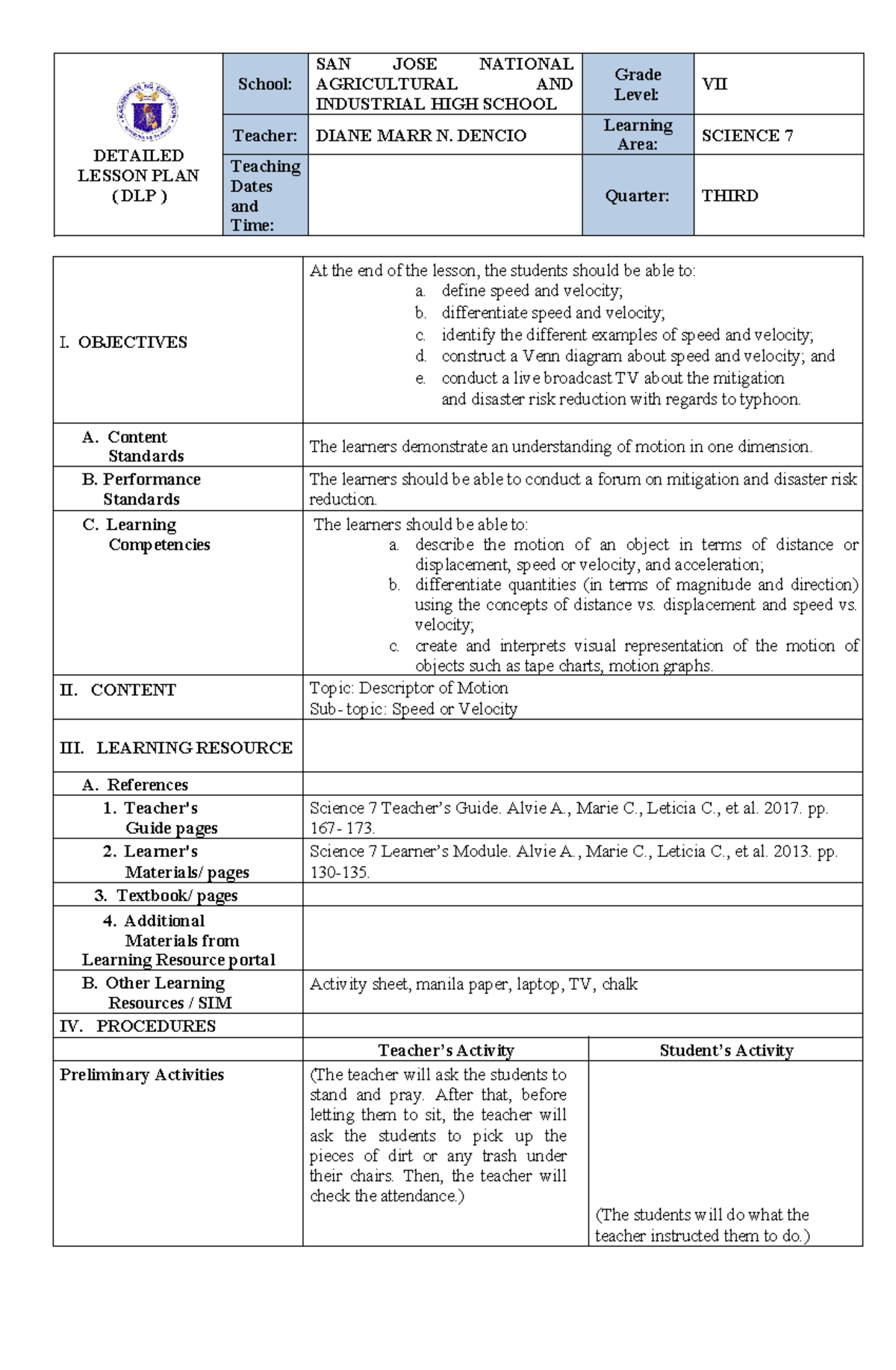 Detailed lp speed vs velocitydocx - DETAILED LESSON PLAN ( DLP ) School ...