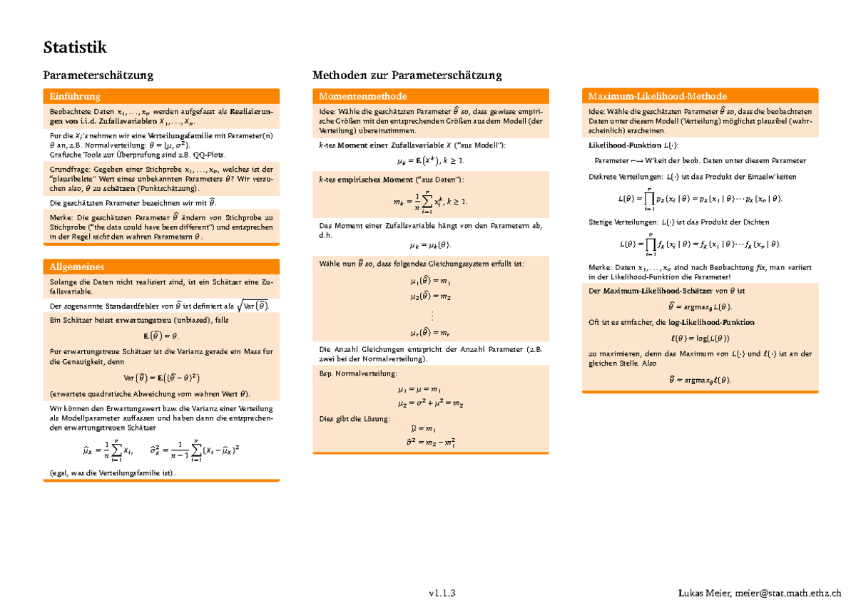 Cheat Sheet Statistik Statistik Parametersch Tzung Einf Hrung Beobachtete Daten X