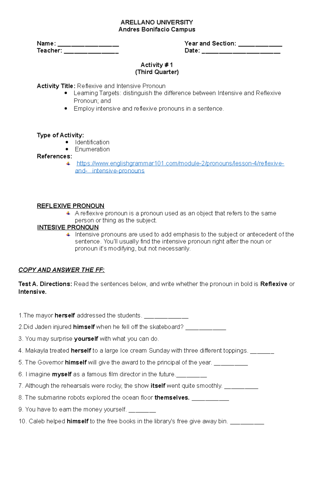DLP Reflexive and Intensive_dAILY LESSON PLA N - ARELLANO UNIVERSITY ...