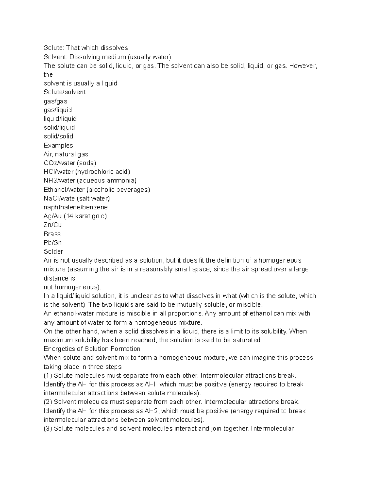 General chemistry lecture 5 notes - Solute: That which dissolves ...