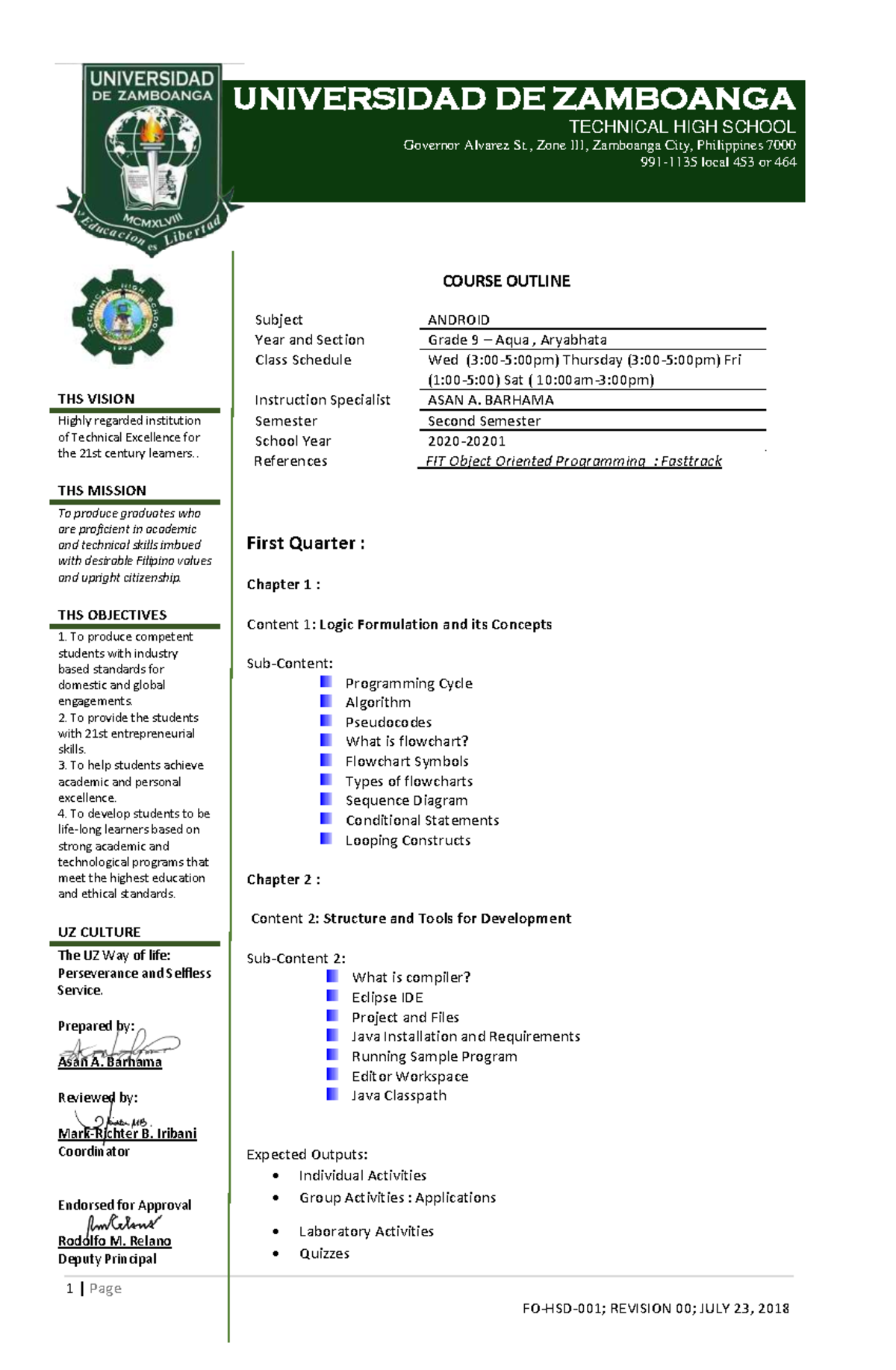 Android Course Outline THS Grade 9 - 1 | Page UNIVERSIDAD DE ZAMBOANGA ...