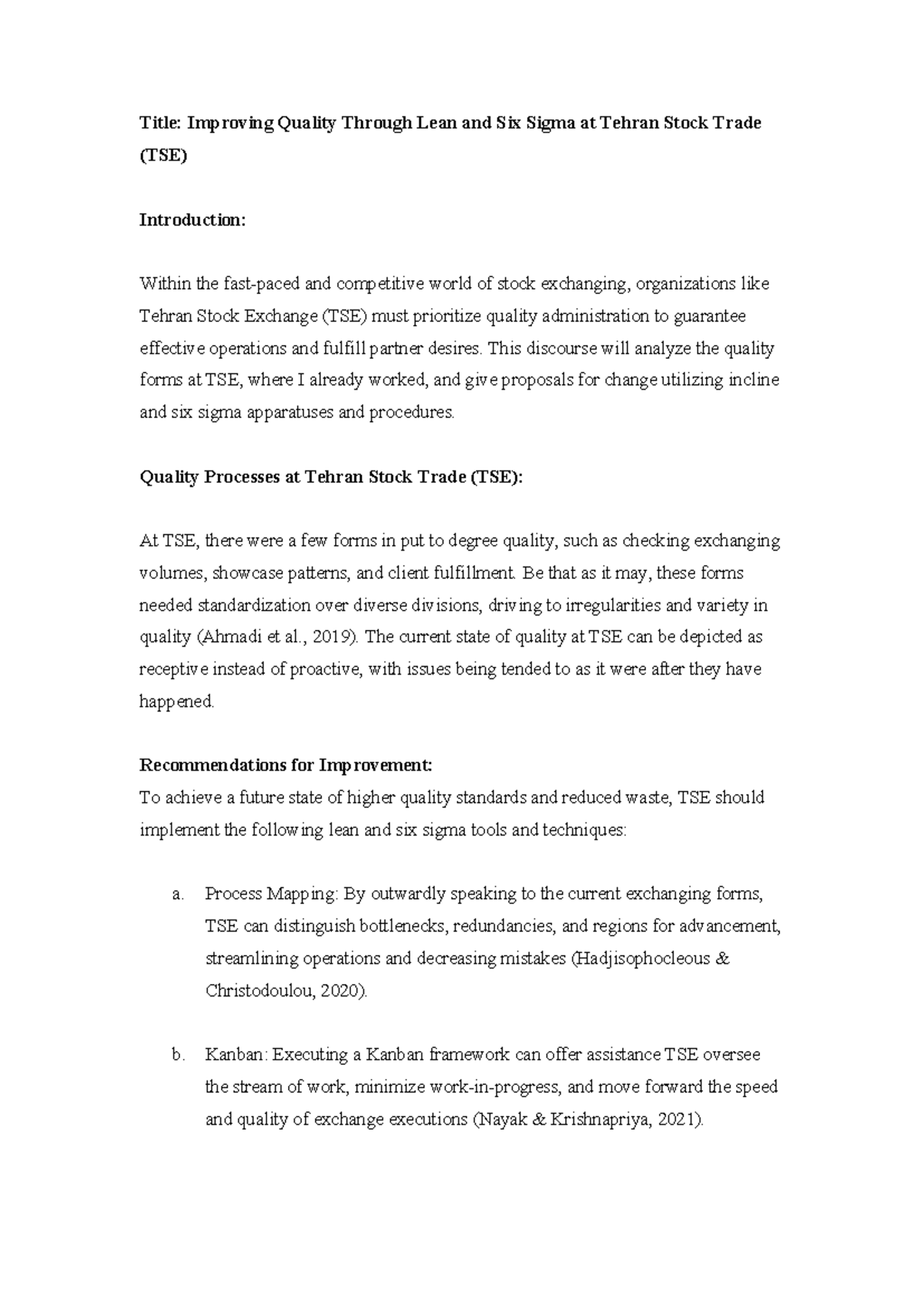 Discussion Forum Unit 5 - Title: Improving Quality Through Lean and Six ...