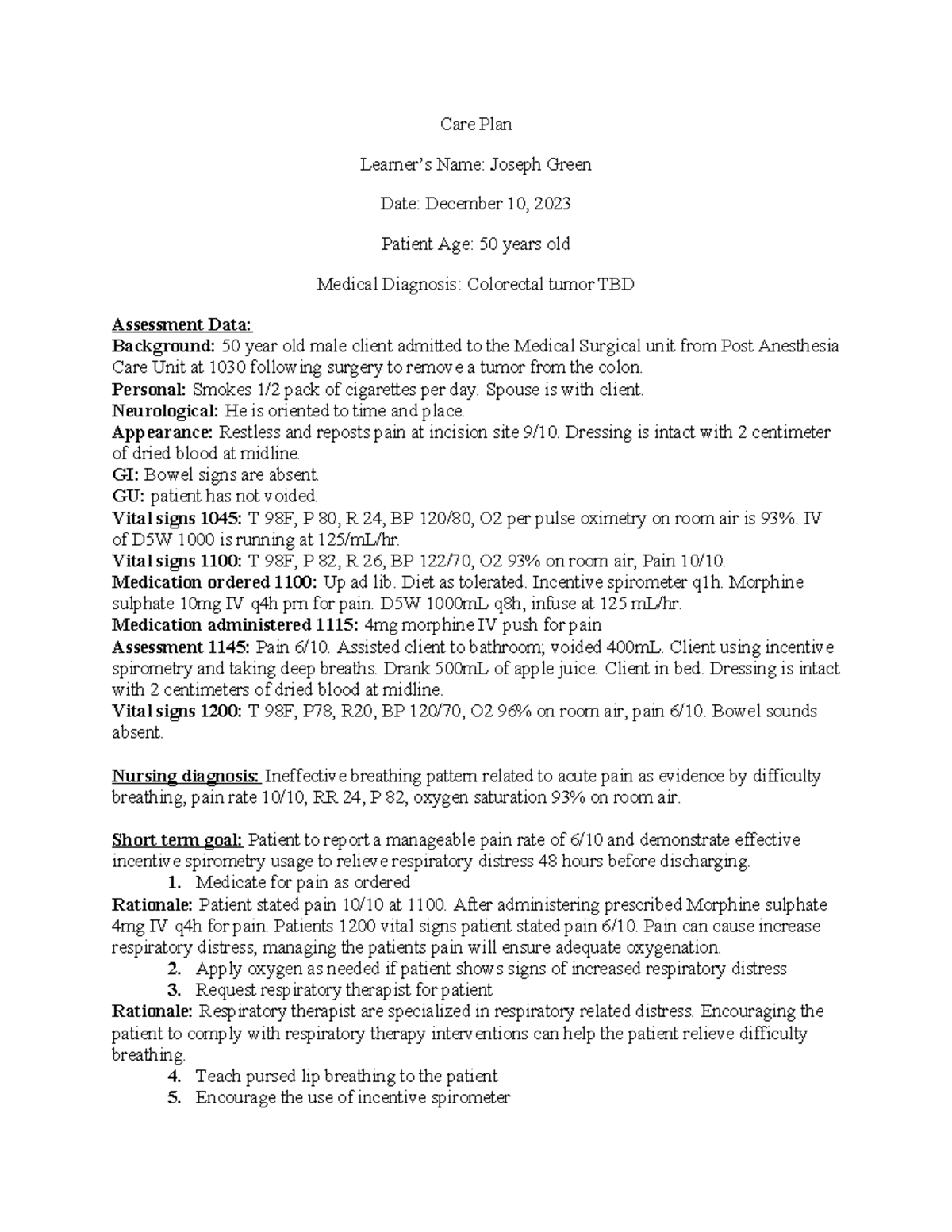 Care plan final - Care Plan Learner’s Name: Joseph Green Date: December ...