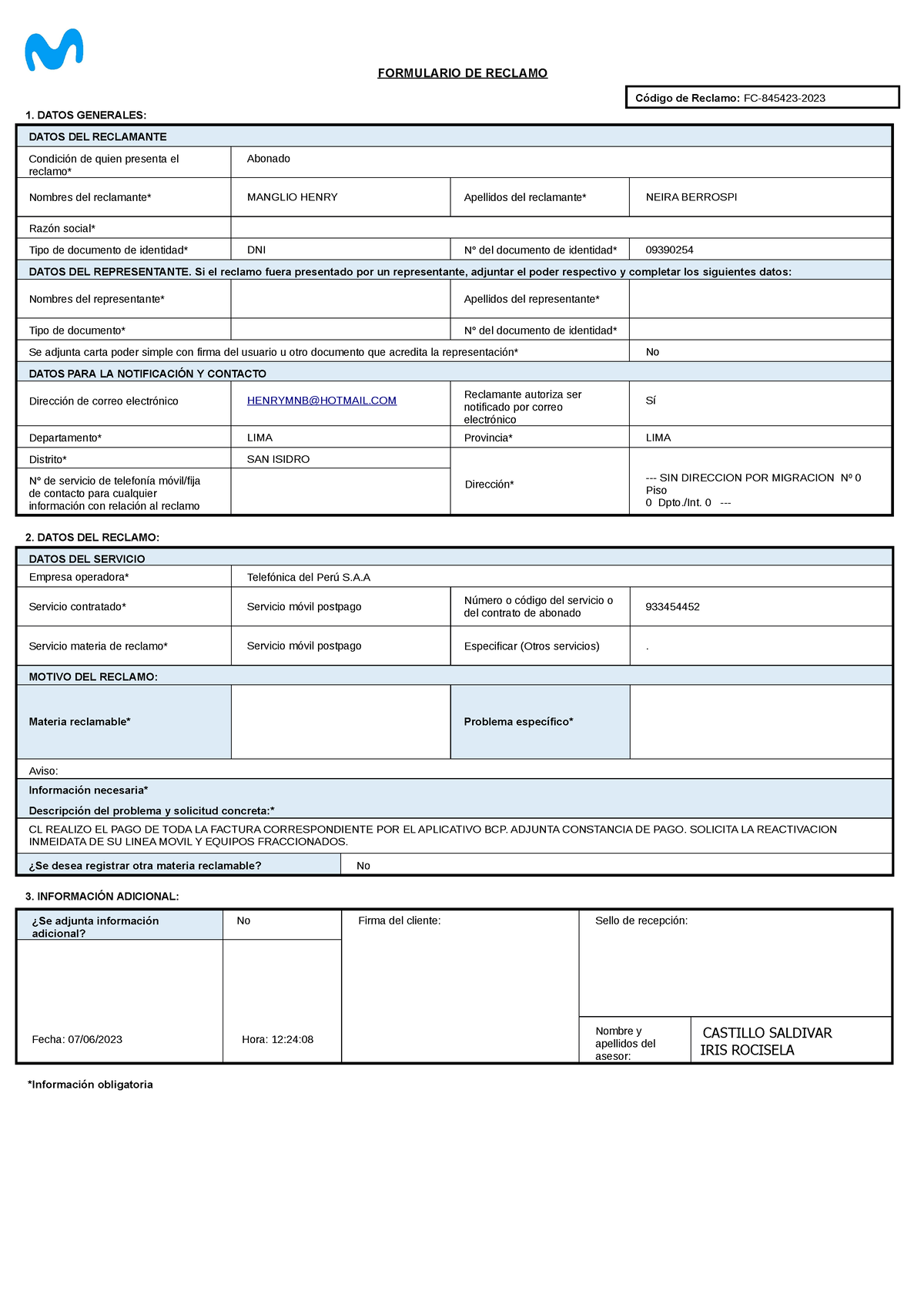 DOC016-1889d2ceed8 - Hla - FORMULARIO DE RECLAMO 1. DATOS GENERALES ...