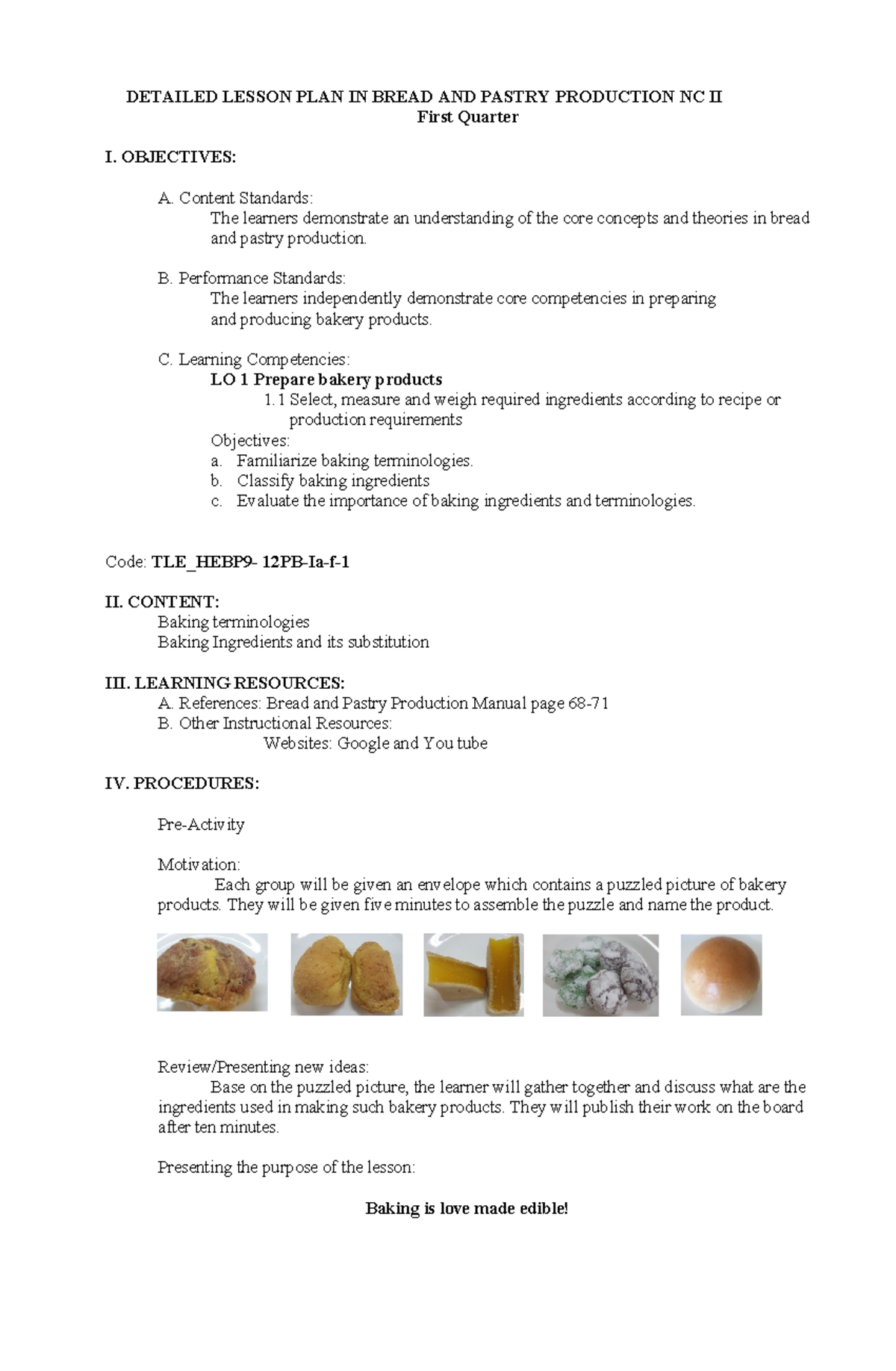 DLP Lesson 1 - DETAILED LESSON PLAN IN BREAD AND PASTRY PRODUCTION NC ...