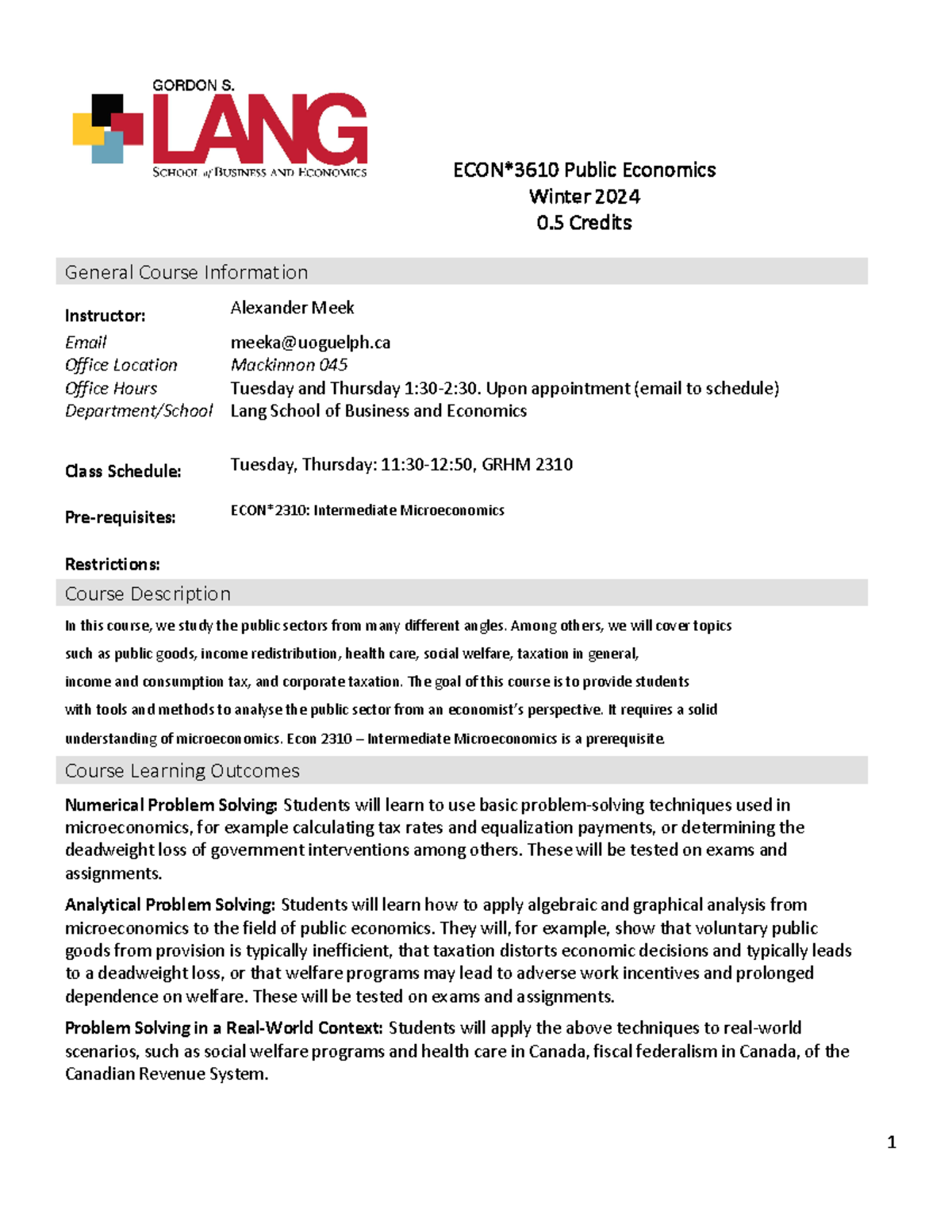 Course Outline Public Economics - ECON*3610 Public Economics Winter ...