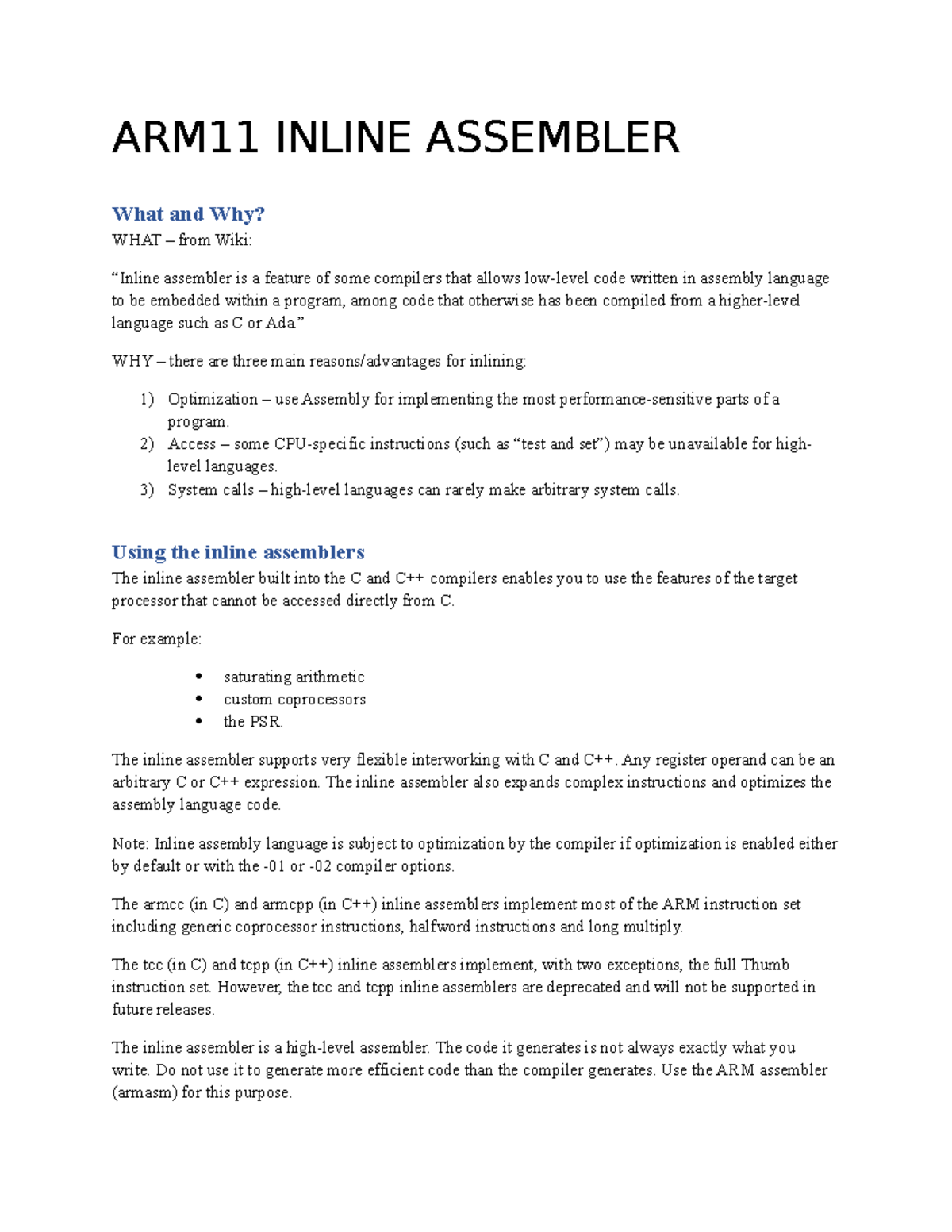 Lecture 7 Notes - ARM11 INLINE ASSEMBLER What And Why? WHAT – From Wiki ...