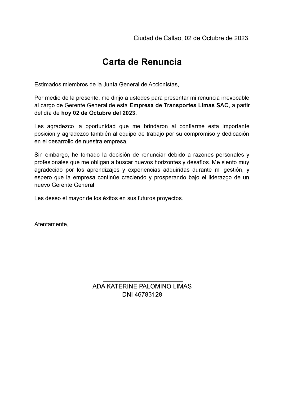 Carta De Renuncia Al Cargo De Gerente General Ciudad De Callao 02 De