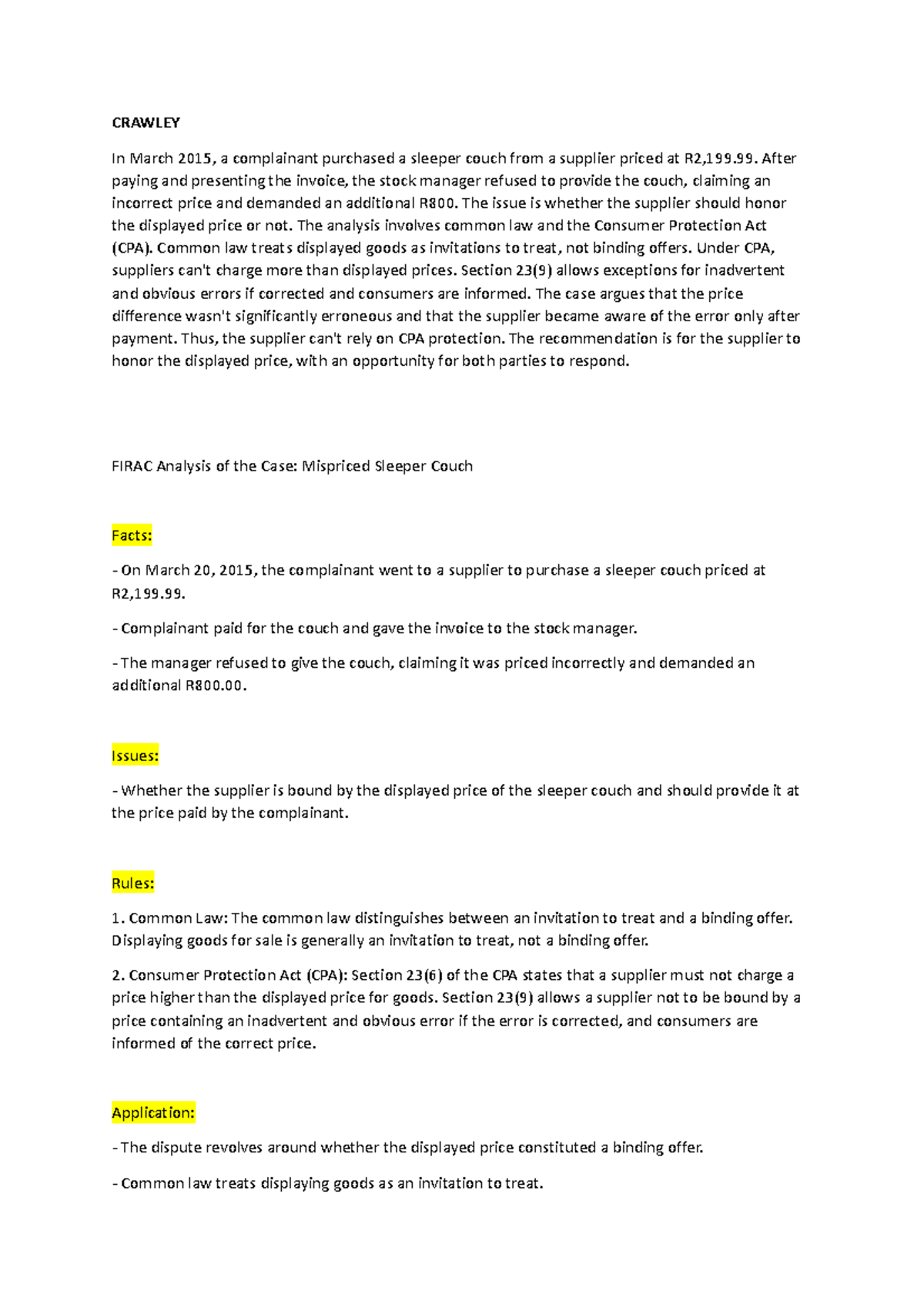 Crawley - Case summary - CRAWLEY In March 2015, a complainant purchased ...