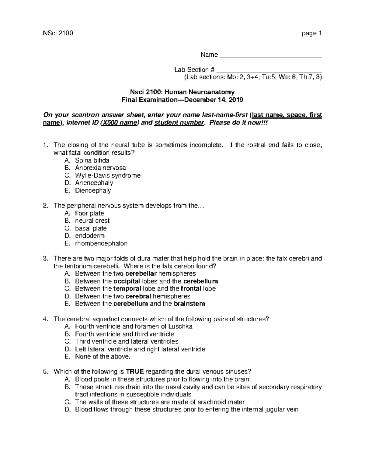 NSci 2101-Final Exam practice exam - Name ...