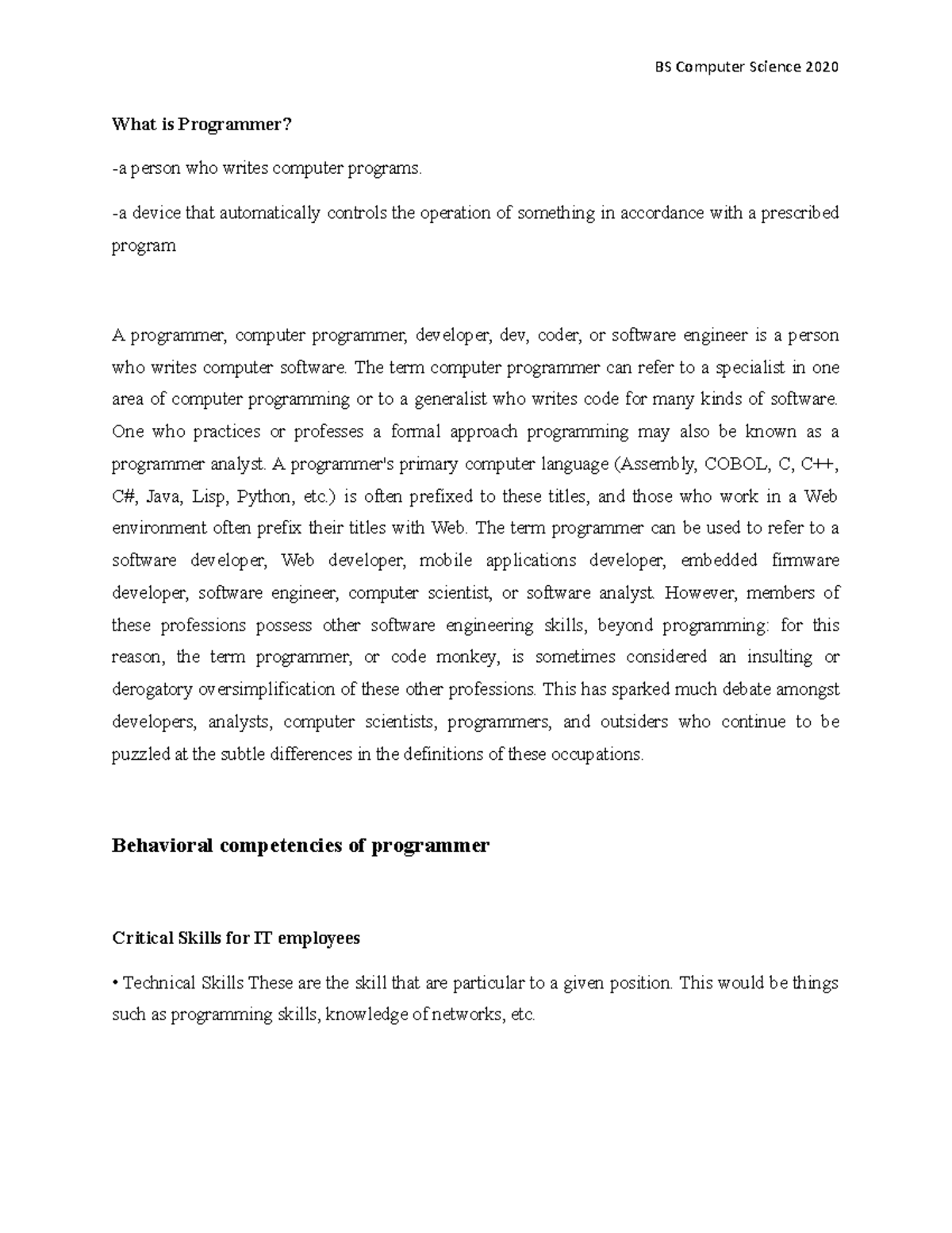 What is Programmer - Lecture notes 1 - BS in Computer Science - Studocu