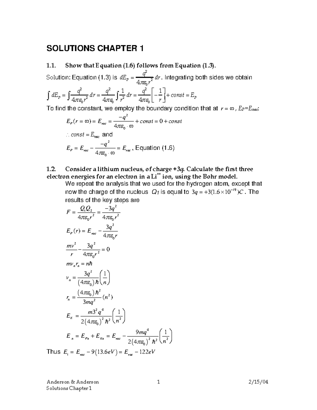 Solution - dsfsd - Anderson & Anderson 1 2/15/ SOLUTIONS CHAPTER 1 1 ...