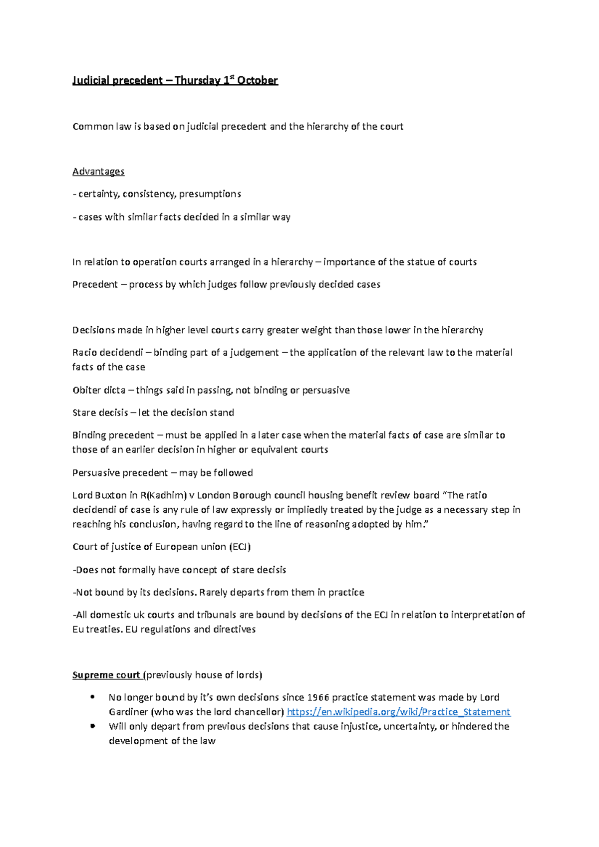 Judicial precedent - common law notes - Judicial precedent – Thursday ...