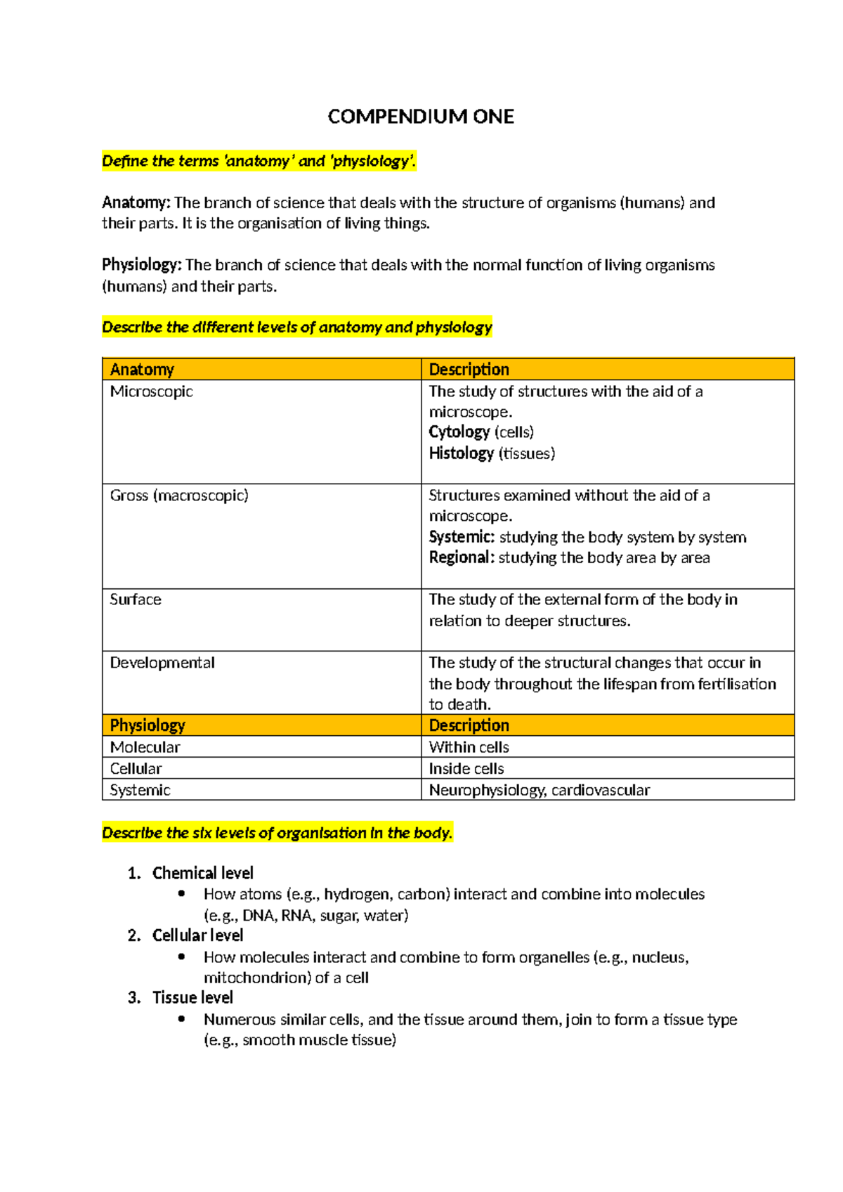 HSF notes - COMPENDIUM ONE Define the terms ‘anatomy’ and ‘physiology ...