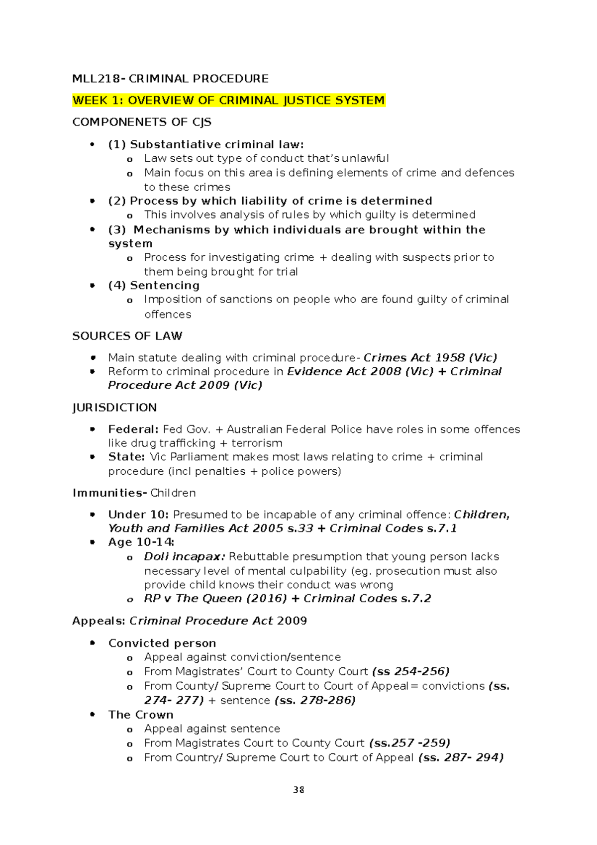 MLL218 notes final - MLL218- CRIMINAL PROCEDURE WEEK 1: OVERVIEW OF ...