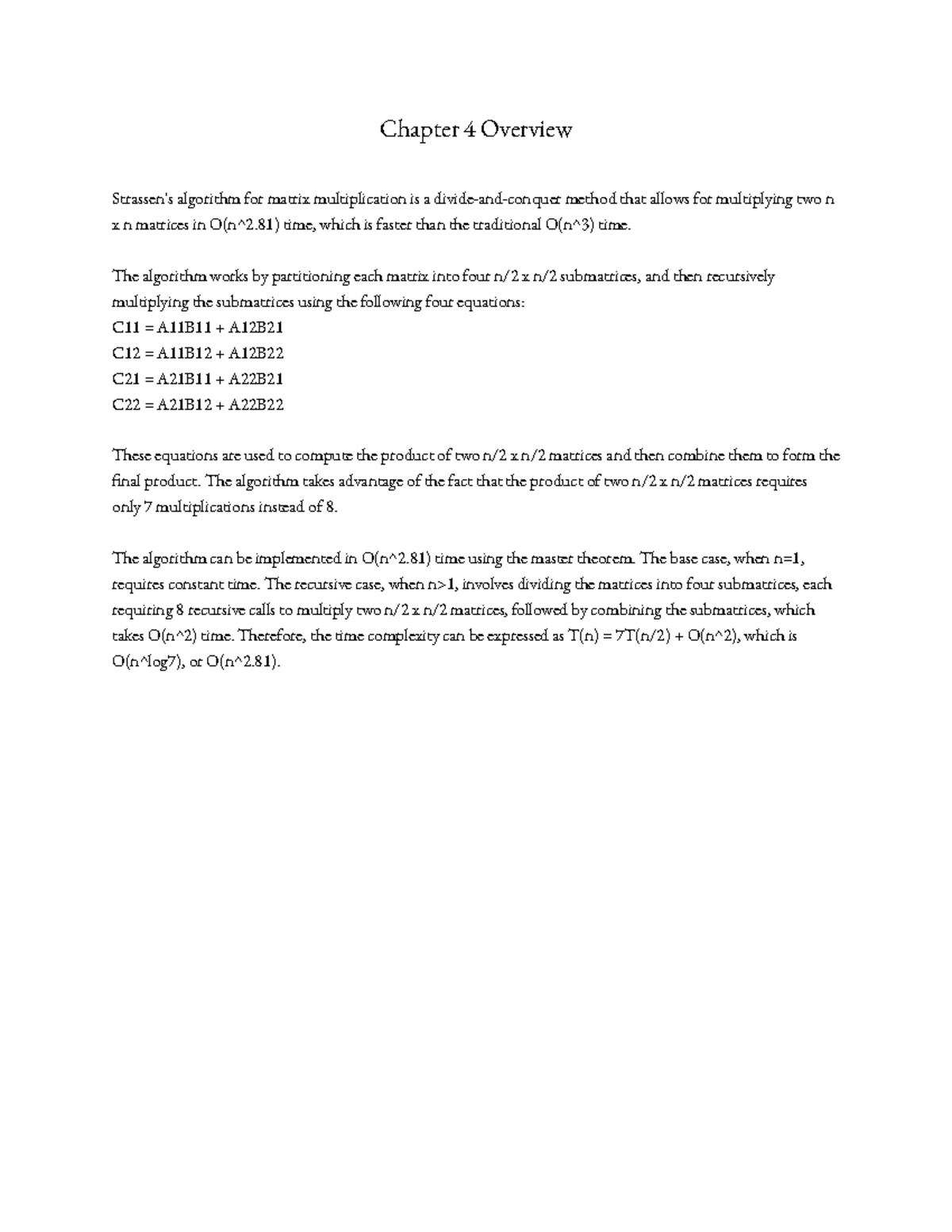 Notes For Introduction To Algorithms 4th Ed Chpater 4 Part 2 Chapter 4 Overview Strassen s 