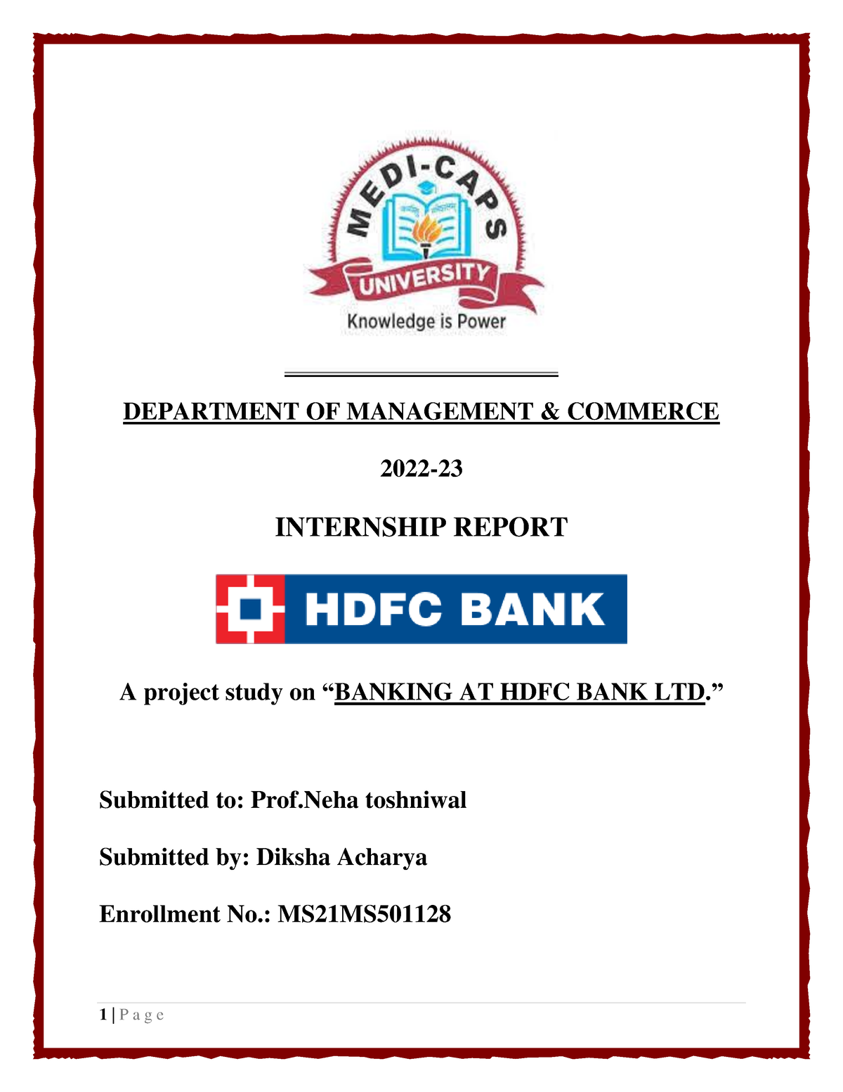 Internship Project Report On Hdfc Bank Diksha Acharya Department Of Management Commerce