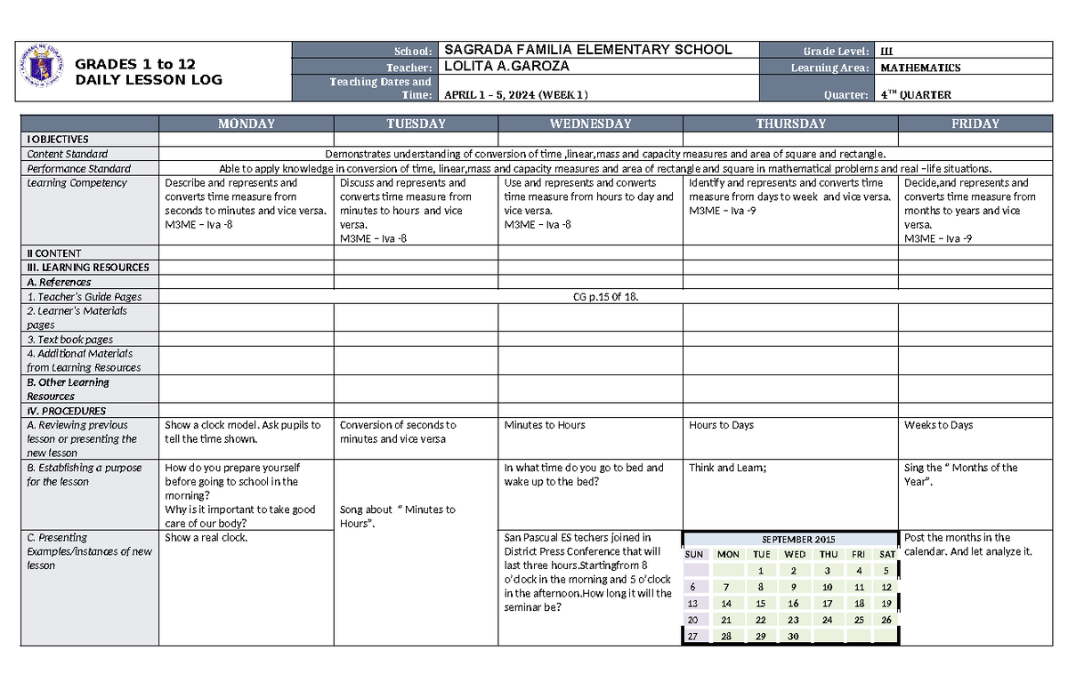 DLL Mathematics 3 Q4 W1 - GRADES 1 to 12 DAILY LESSON LOG School ...