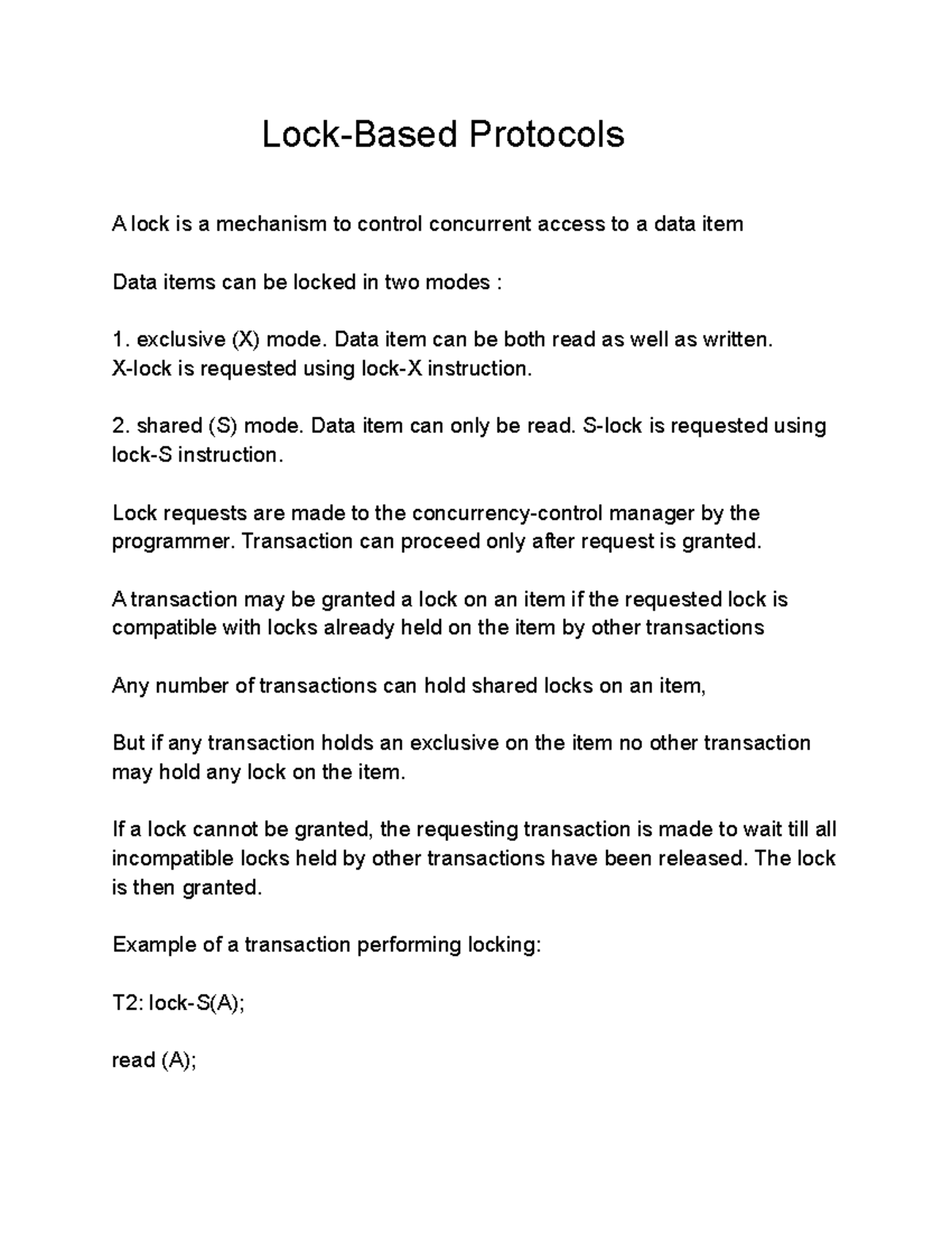 LockBased Protocols It includes the material of " Lock Based