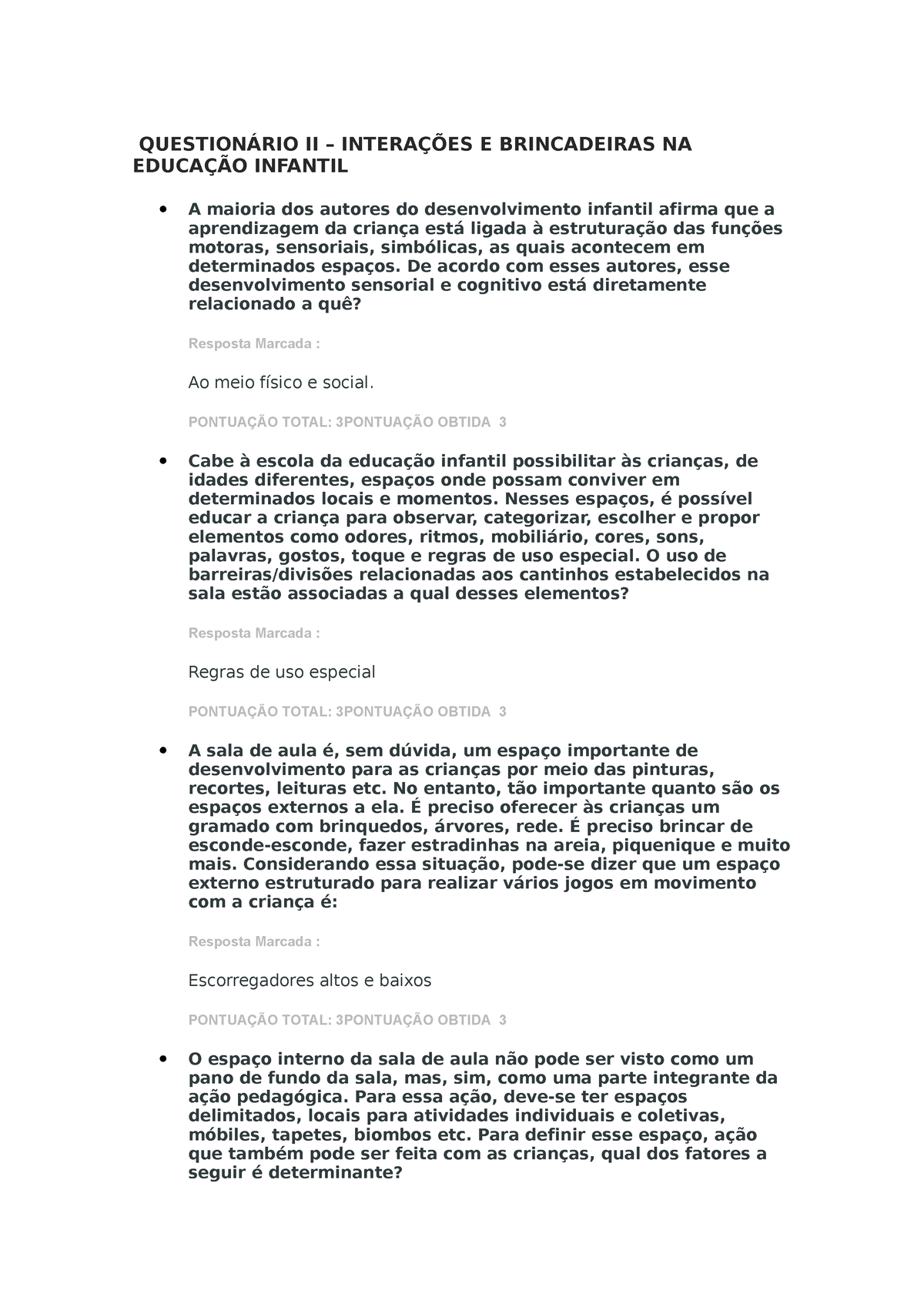 Questionário II Interações E Brincadeiras NA Educação Infantil QUESTIONÁRIO II