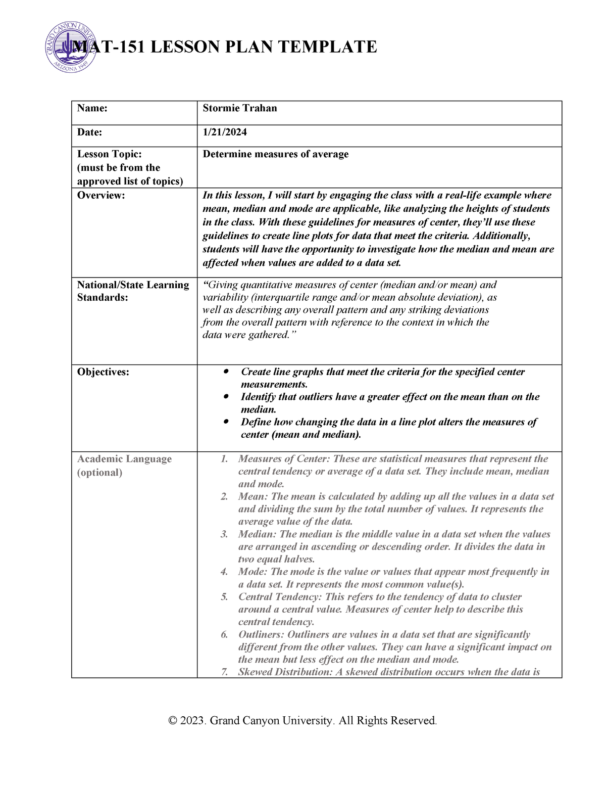 MAT-151 Lesson Plan Template - Name: Stormie Trahan Date: 1/21/ Lesson ...