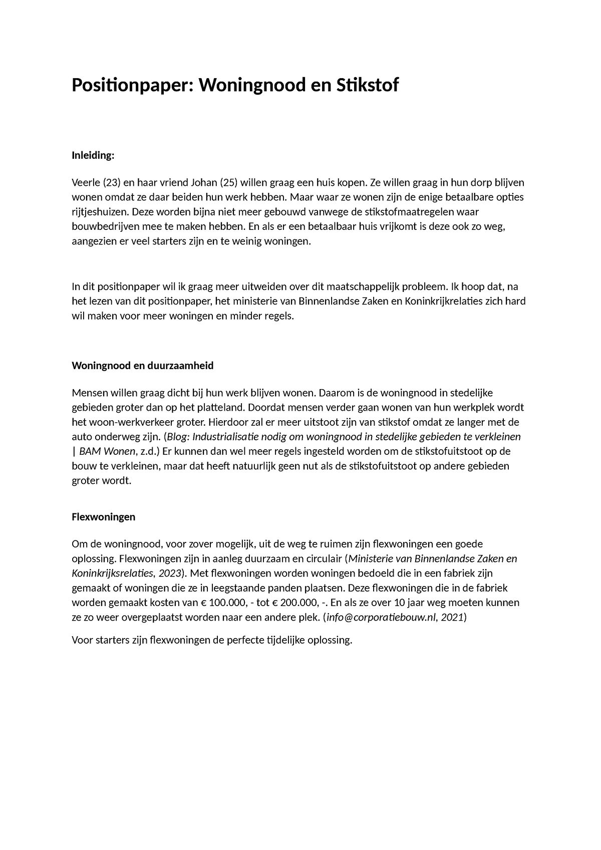 Position Paper - Mijn Standpunt Wat Betreft Woningbouw. - Positionpaper ...