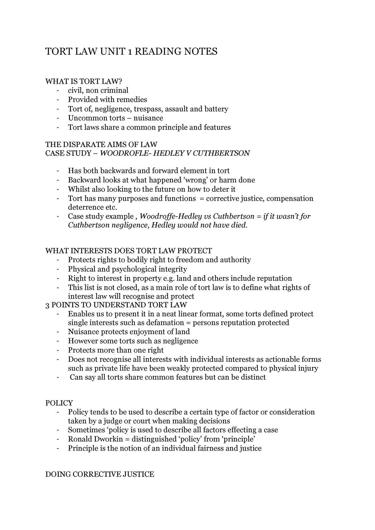 Tort Law Unit 1 Notes Ssss Tort Law Unit 1 Reading Notes What Is Tort Law Civil Non