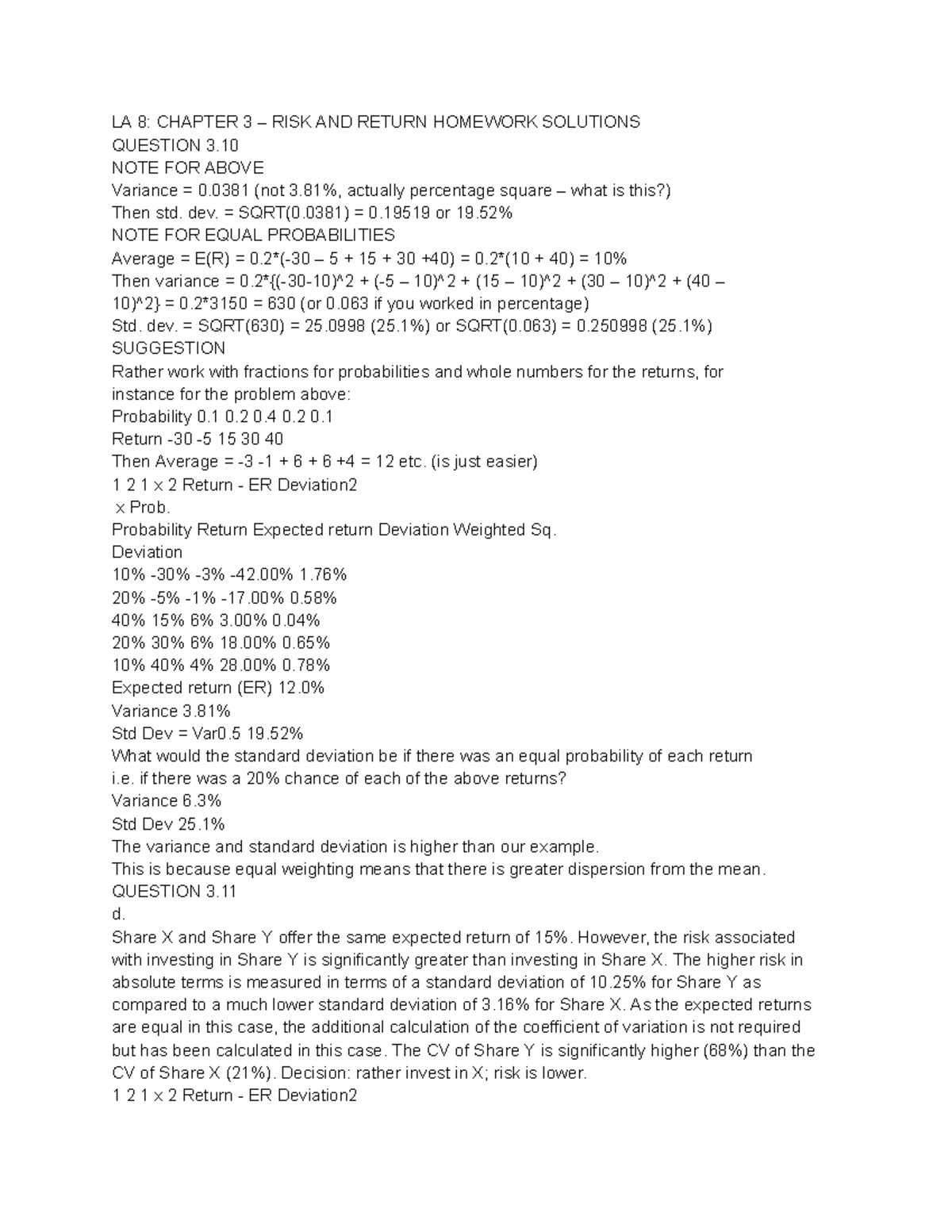 LA 8 RISKk AND Return - H/W Solutions - LA 8: CHAPTER 3 – RISK AND ...