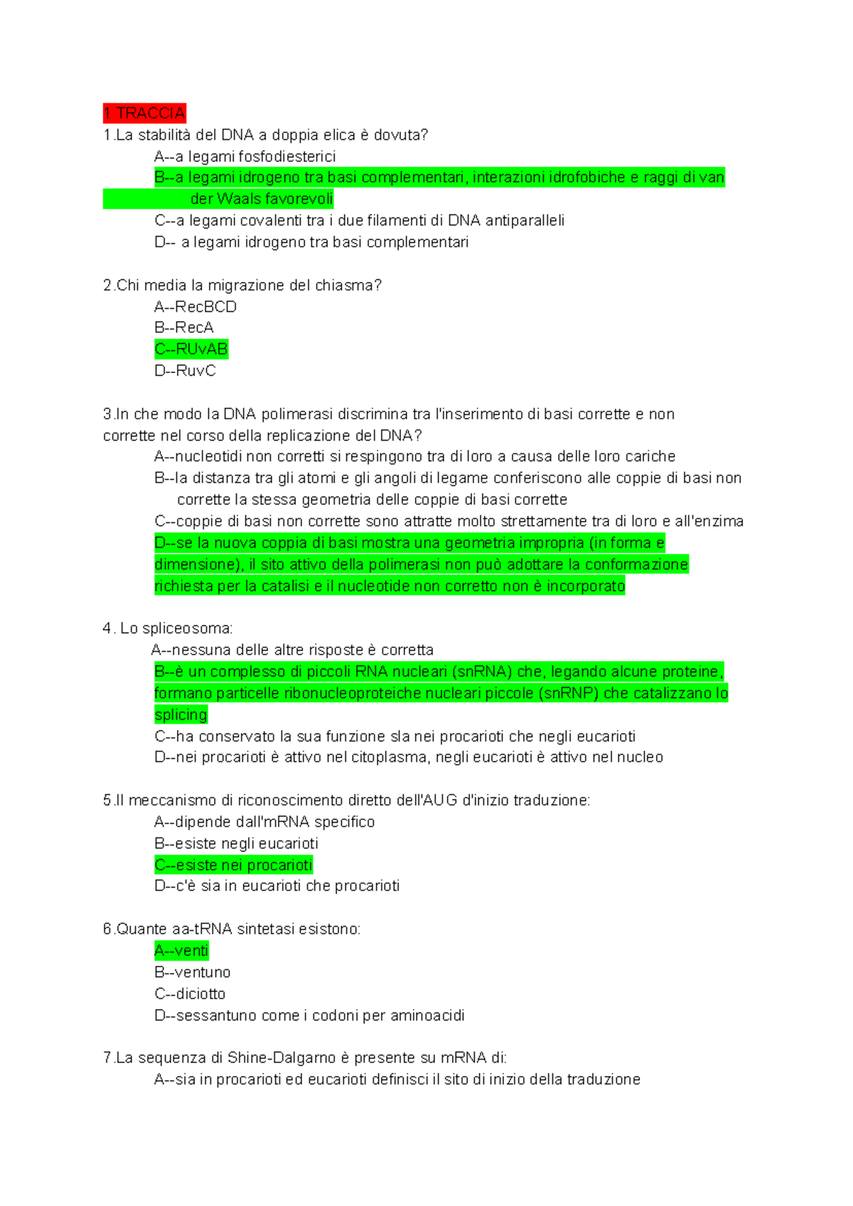 Biologia molecolare-1-unito - 1 TRACCIA 1 stabilità del DNA a doppia ...