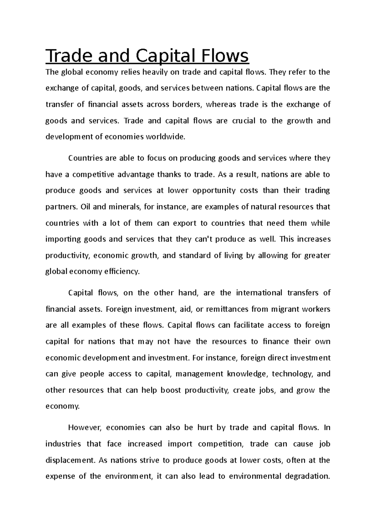 Trade and Capital Flows - They refer to the exchange of capital, goods ...