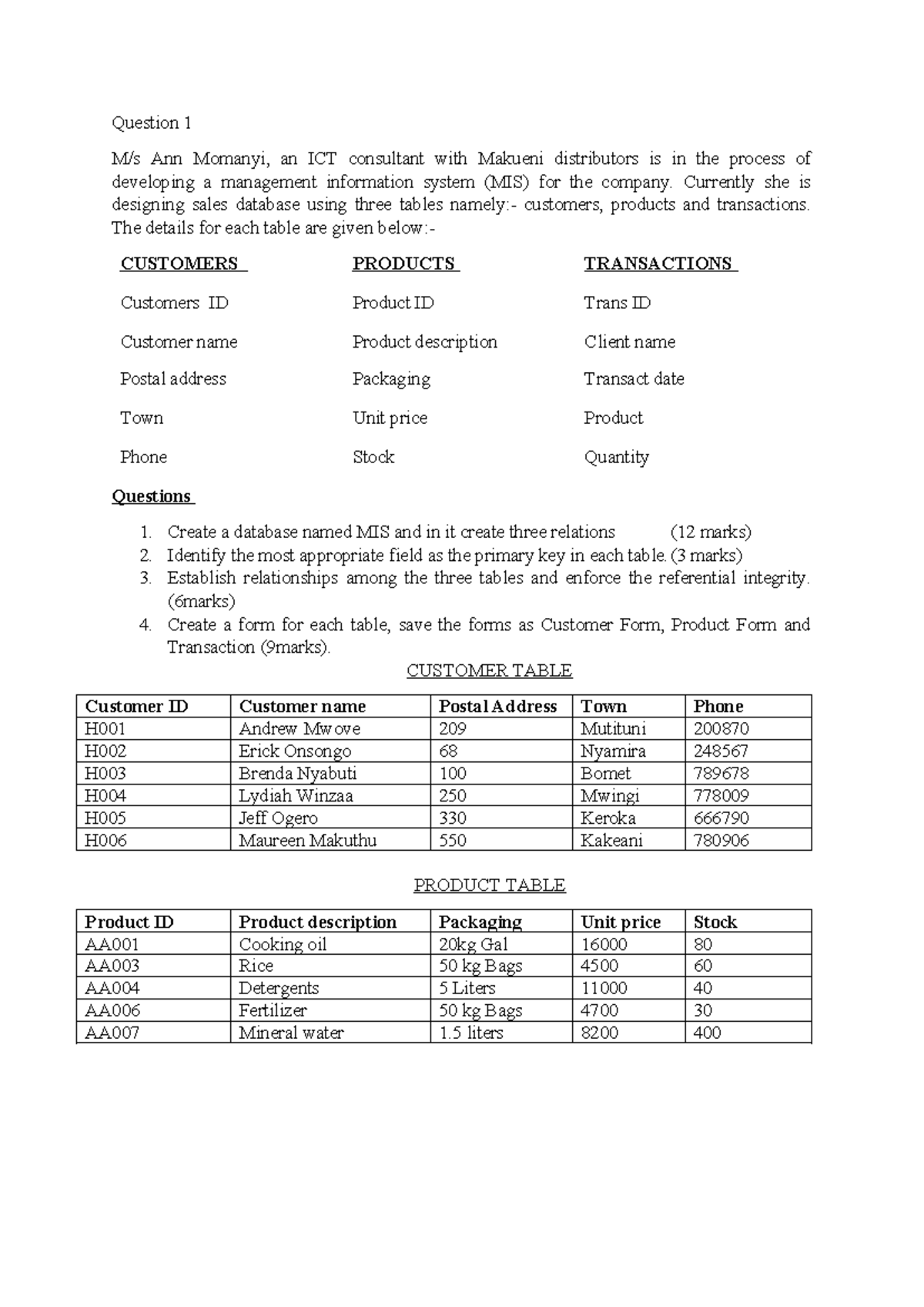 MS Access QUIZ - ICT - Question 1 M/s Ann Momanyi, an ICT consultant ...