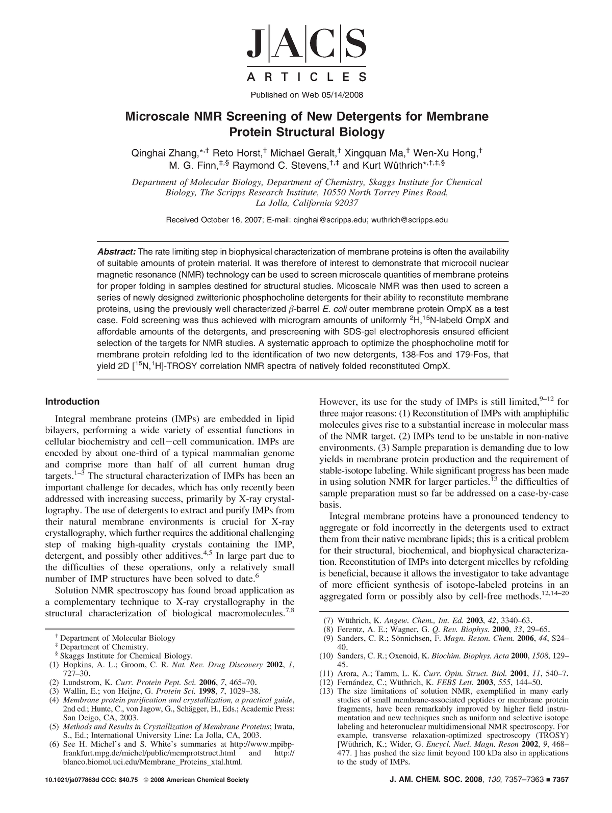 Microscale NMR Screening of New Detergents for Membrane Protein ...