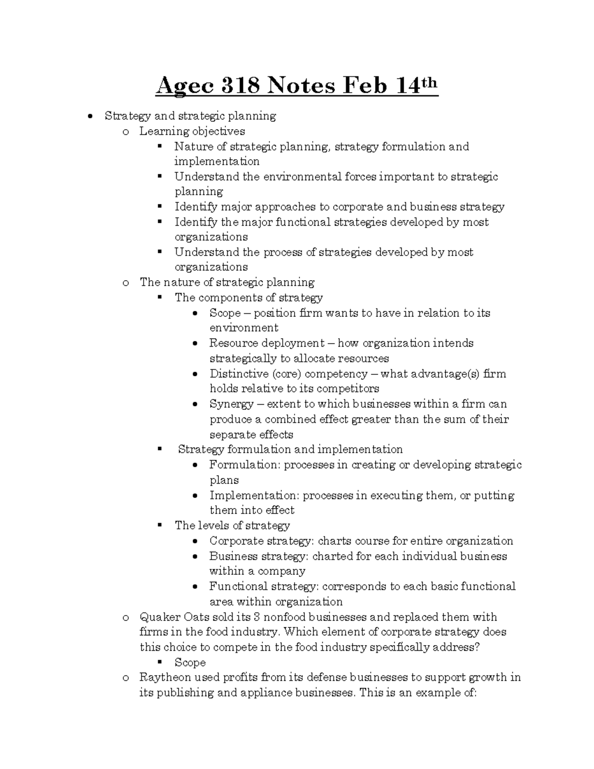 Agec 318 Notes Feb 14th - Agec 318 Notes Feb 14th Strategy and ...