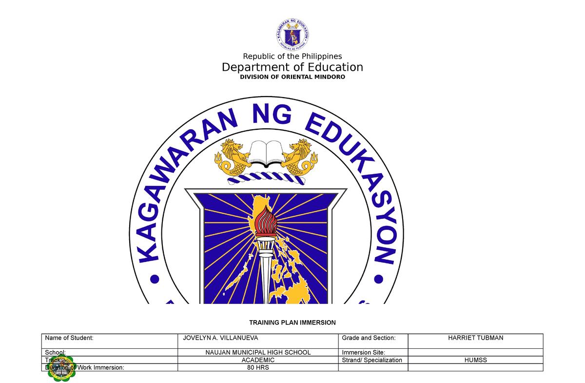 Training-PLAN- Immersion ( Tourism) - Department of Education DIVISION ...