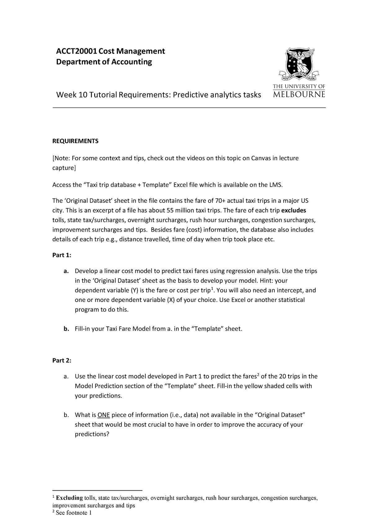 Tutorial Requirements On Predictive Analytics Tasks - ACCT20001 Cost ...