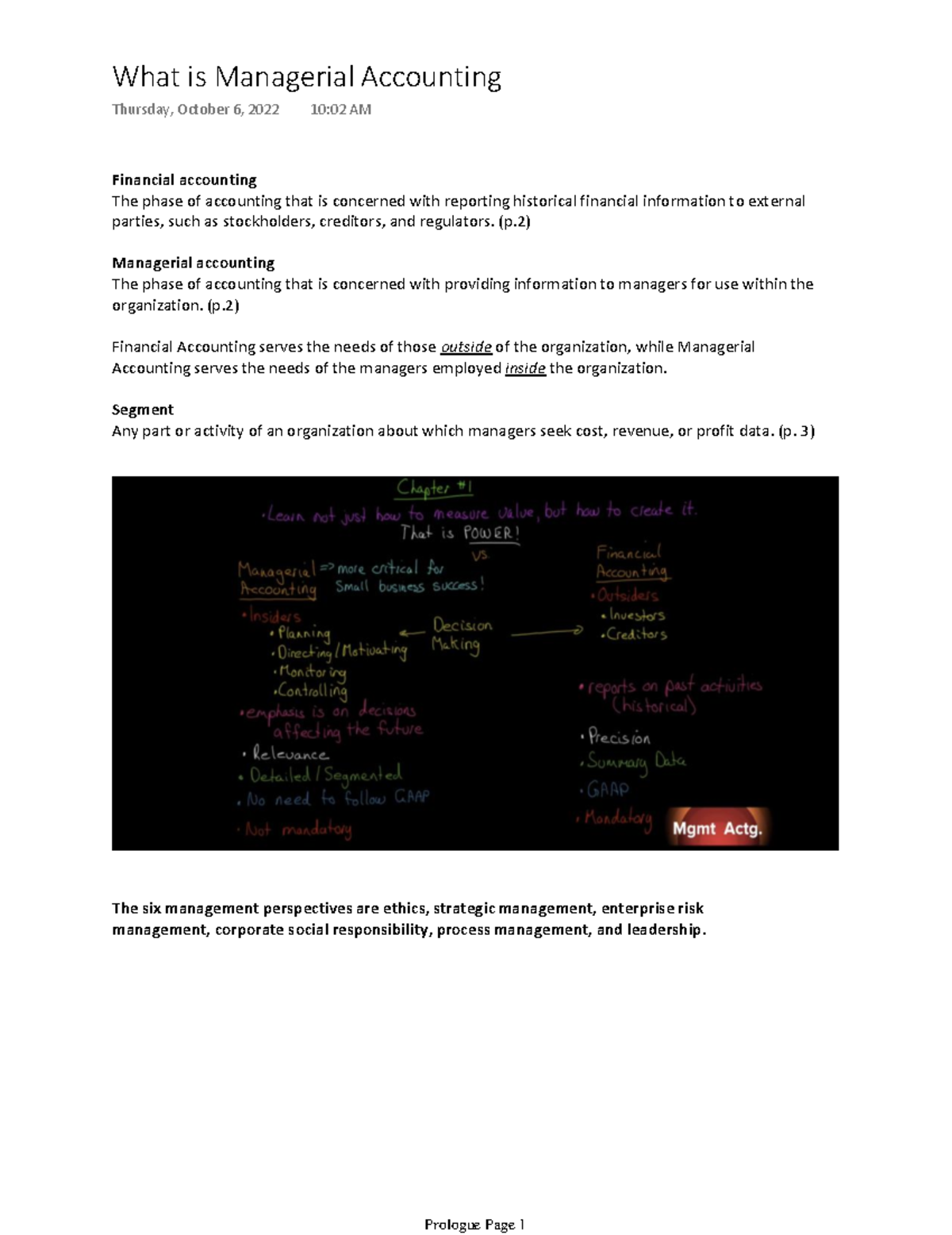 Acctg 202 Managerial Accounting Prologue Financial accounting The