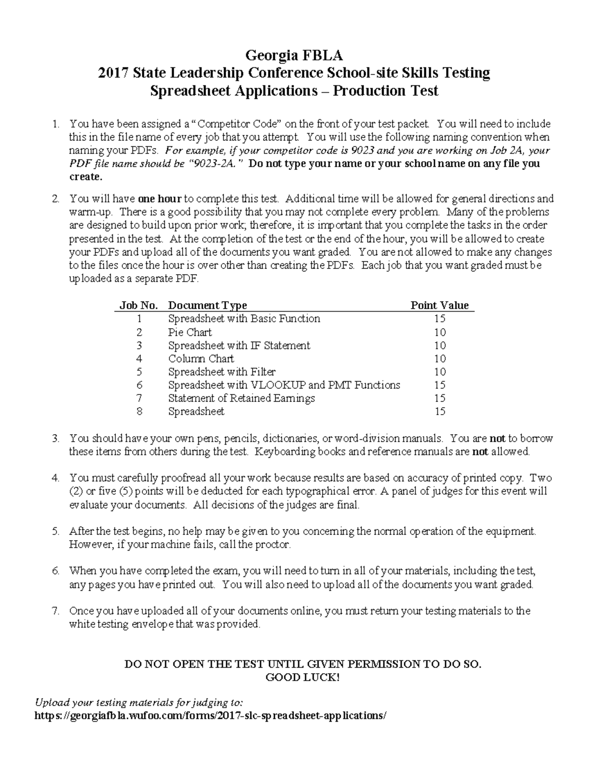 2017 SLC Spreadsheet Applications Production Test FBLA 2017