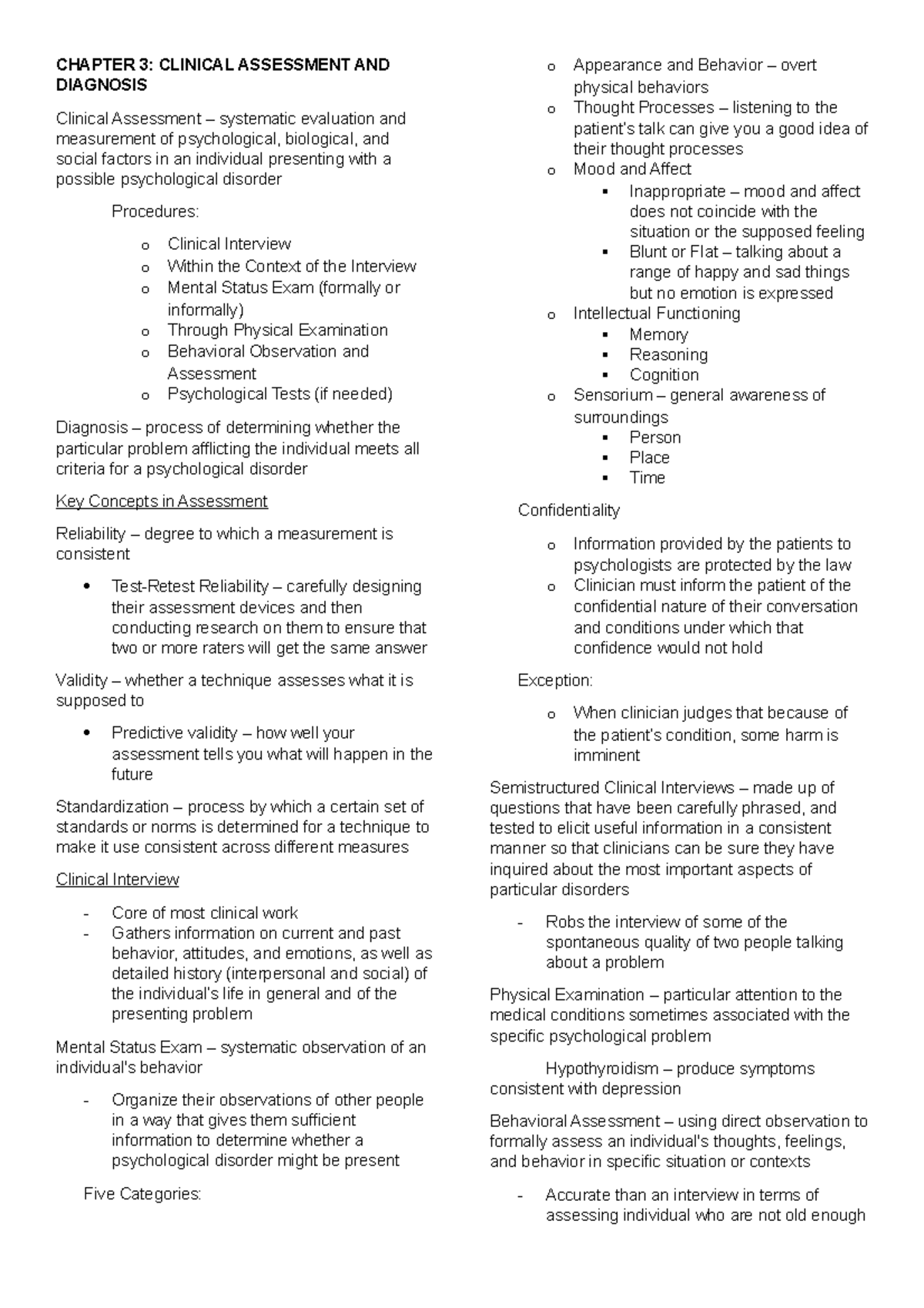 Chapter 3 Reviewer - CHAPTER 3: CLINICAL ASSESSMENT AND DIAGNOSIS ...