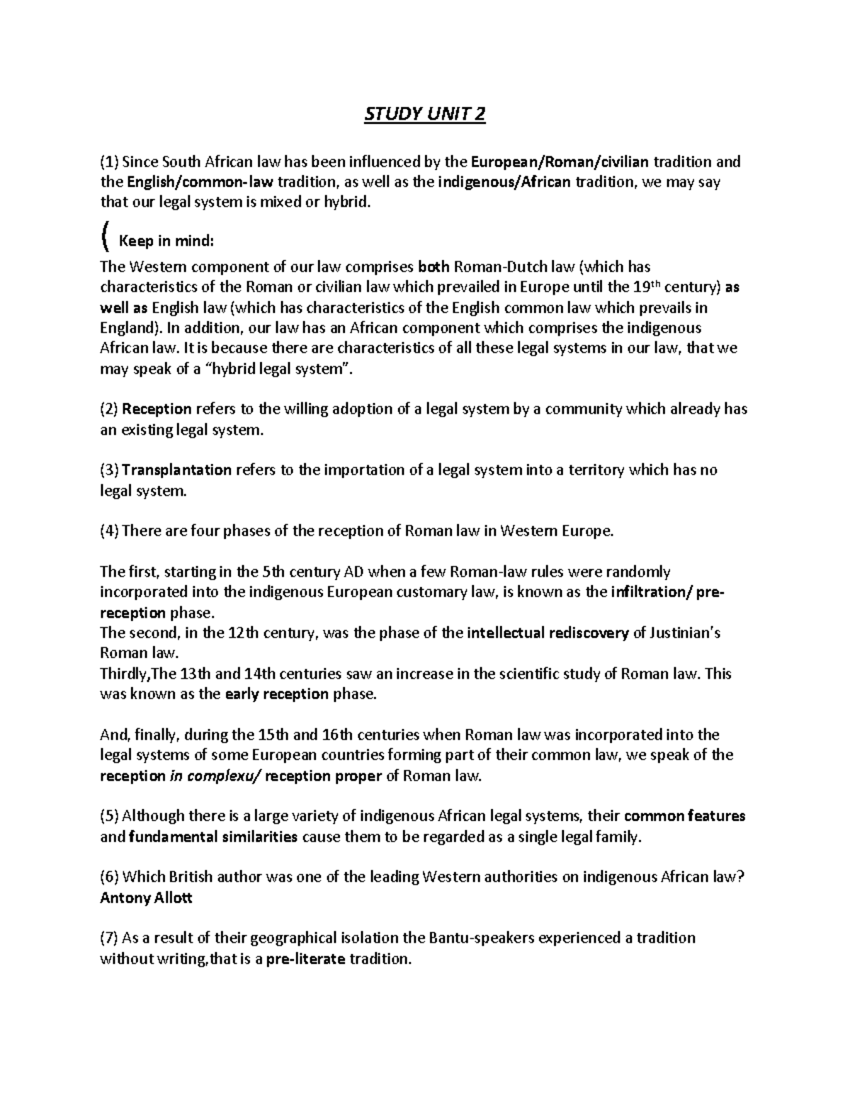 Questions The African component - STUDY UNIT 2 (1) Since South African ...