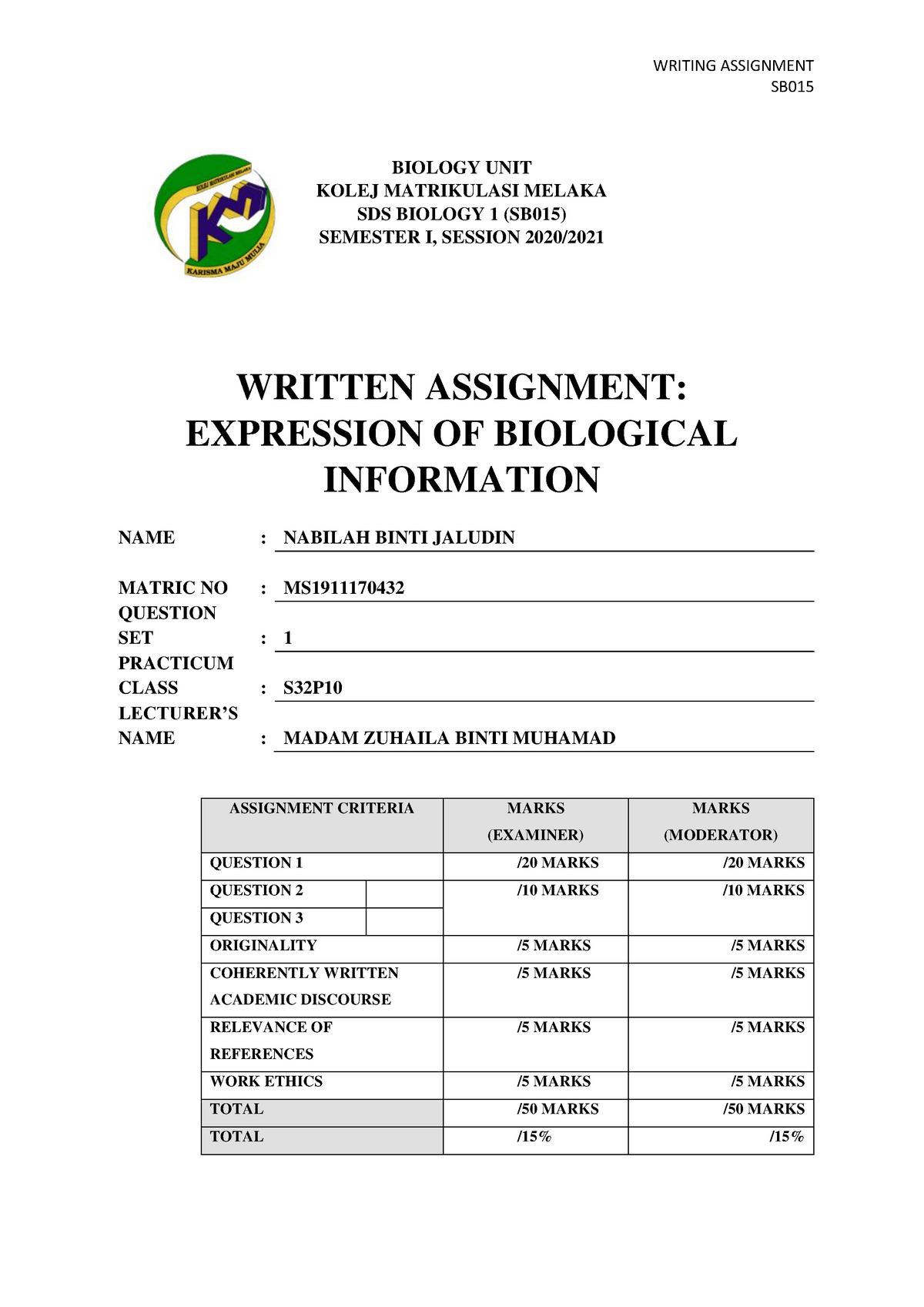 contoh assignment biologi matrikulasi