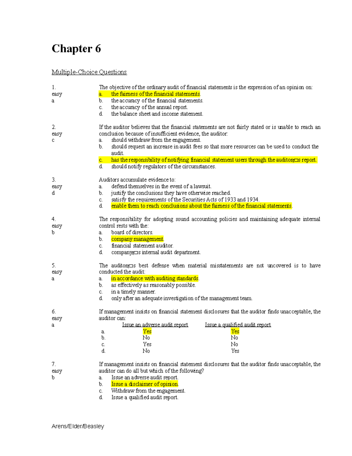 Auditing Theory Chapter 6 Multiple Choice Questions The Objective Of 