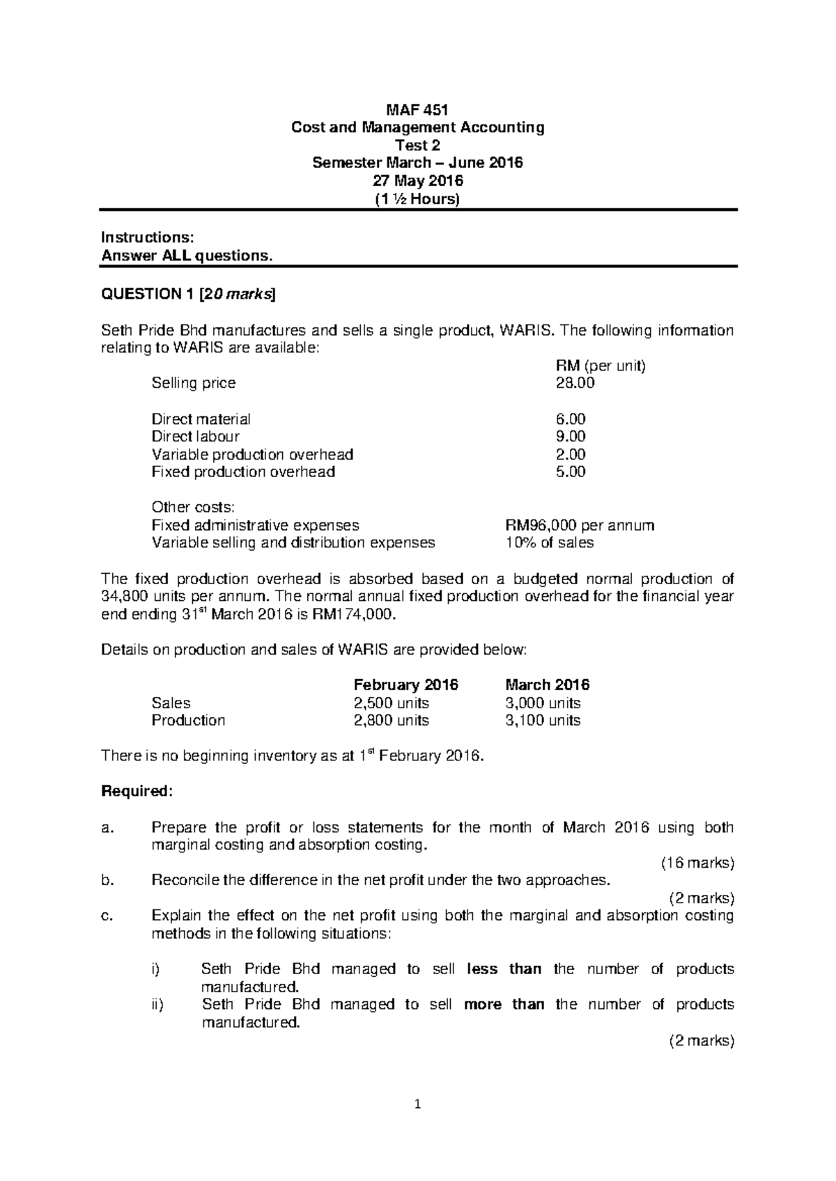 TEST 2 MAF 451 Semester Mac 2016 - MAF 451 Cost and Management ...