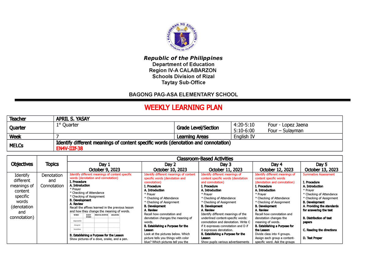 WLP English 4 Quarter 1 WEEK 7 - Republic of the Philippines Department ...