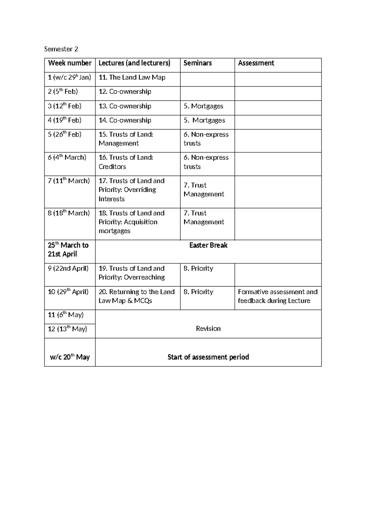 Semester 2 Schedule - Semester 2 Week number Lectures (and lecturers ...