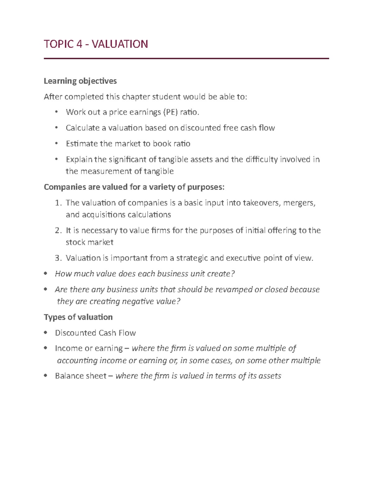 CORPORATE FINANCE Topic 4 - Valuation - TOPIC 4 - VALUATION Learning ...