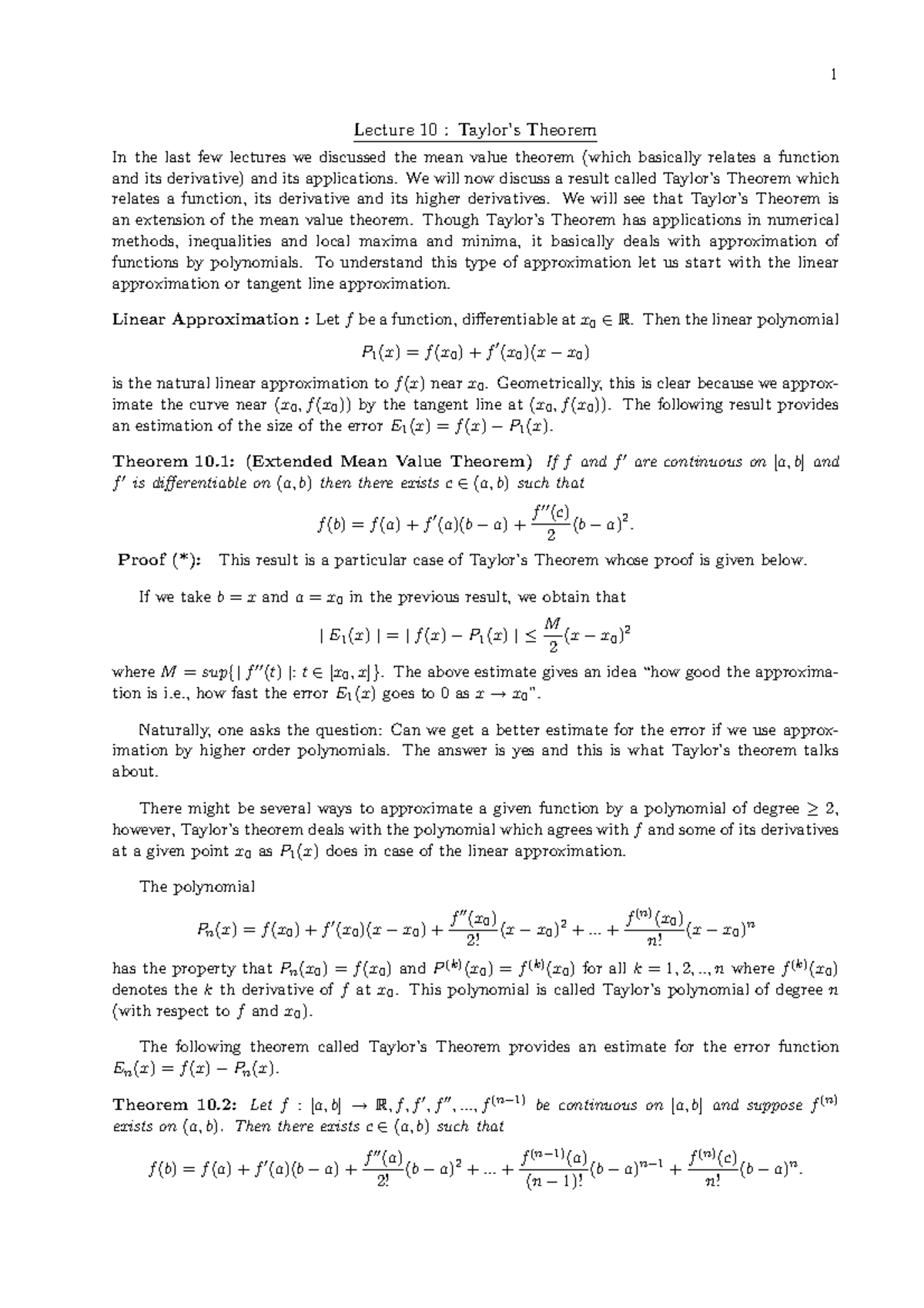 Lecturer 10 - introduction - 1 Lecture 10 : Taylor’s Theorem In the ...