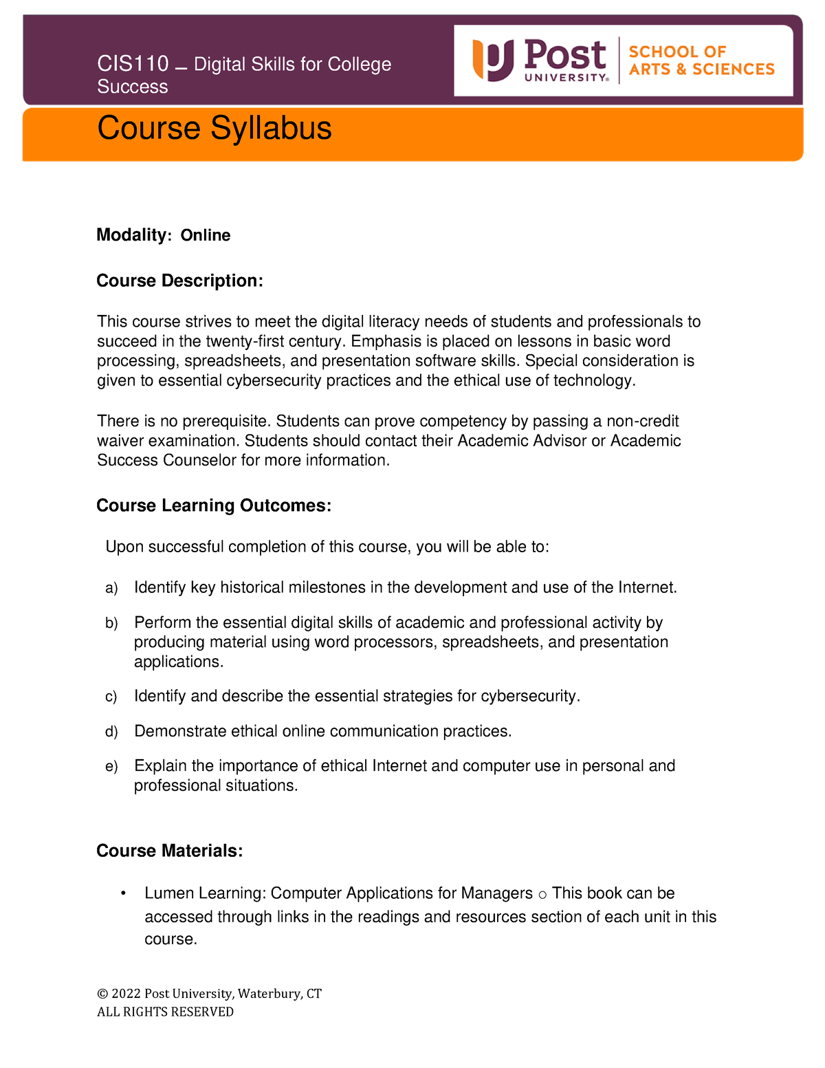 CIS110 Syllabus - Notes - © 2022 Post University, Waterbury, CT ...