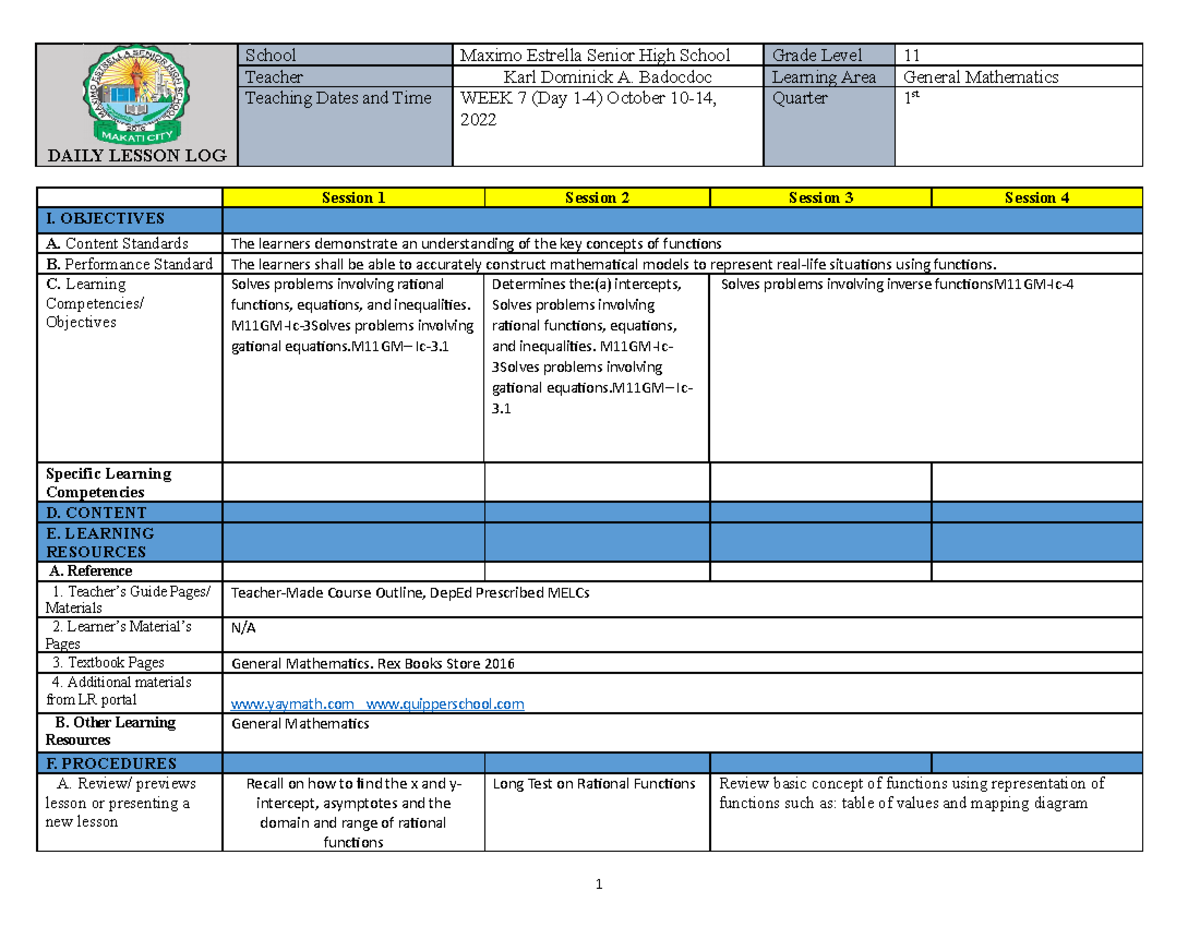 Genmath 10 10-14 - DAILY LESSON LOG School Maximo Estrella Senior High ...