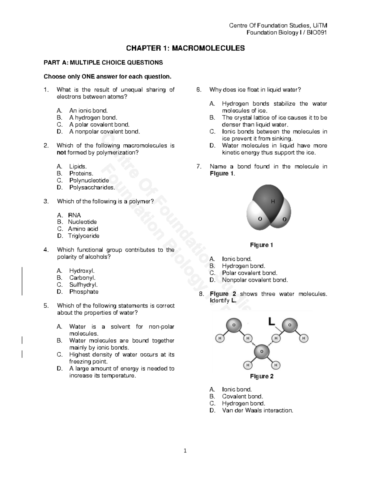 Workbook Macromolecules up until protein chapter 1 - Foundation Biology ...